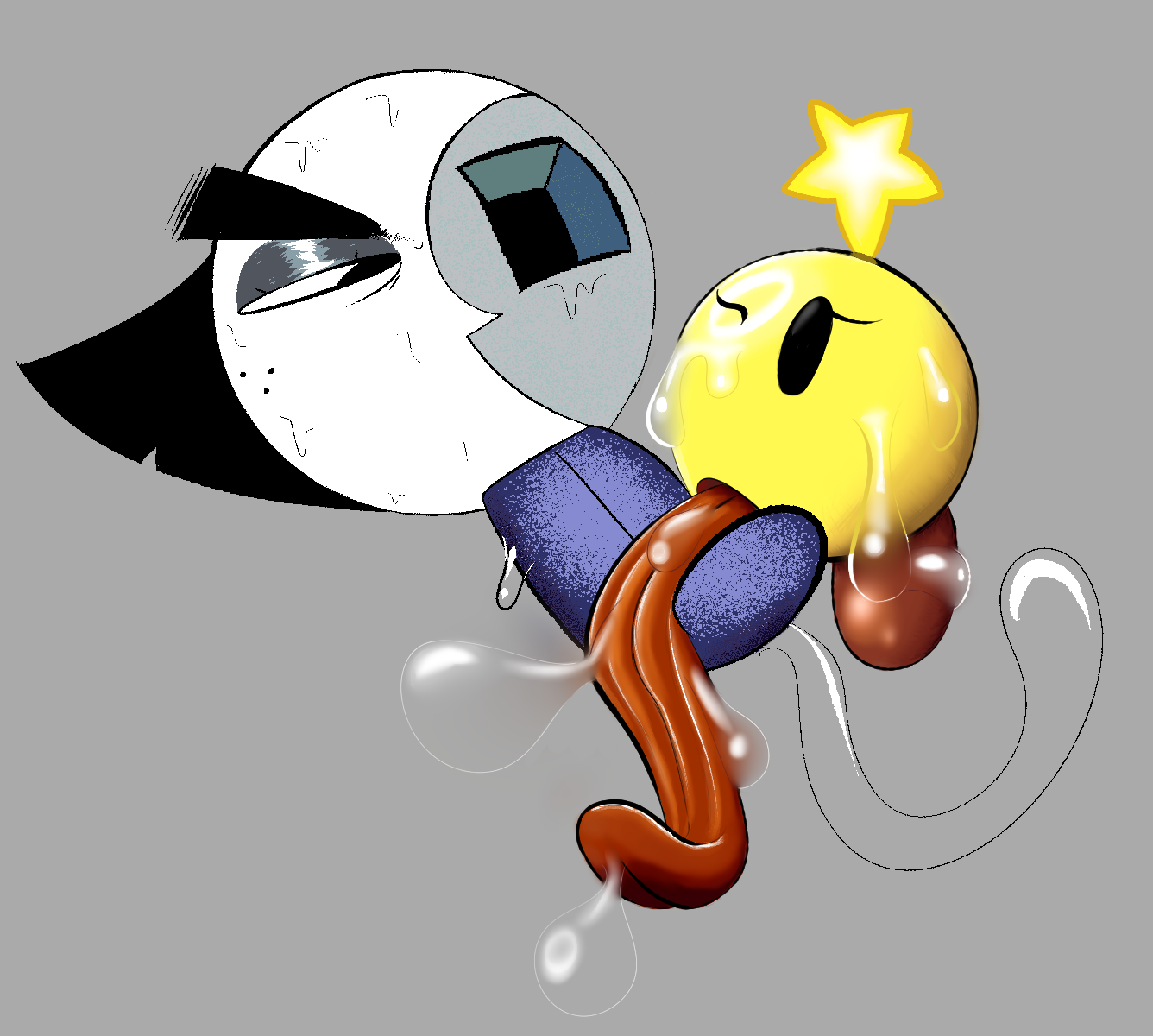 anthro, black eyebrows, black eyes, black hair, bodily fluids, brown clothing, brown footwear, brown shoes, clothing, dorkzone, duo, ena (series), eyebrows, eyelashes, female, female/female, footwear, freckles, french kissing, grey background, hair, hi res, kissing, long tongue, mario (series), mario and luigi (series), mario bros, moon, moony (joel g), nintendo, saliva, shoes, short hair, simple background, sphere creature, star sprite, starlow, sweat, sweatdrop, thick eyebrows, tongue, tongue out, waddling head