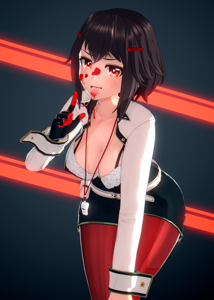 1girls, 3d, anna anon, blood, breasts, cleavage, female, female only, koikatsu, large breasts, looking at viewer, myra (anna anon), solo, tongue, tongue out, uniform, whistle