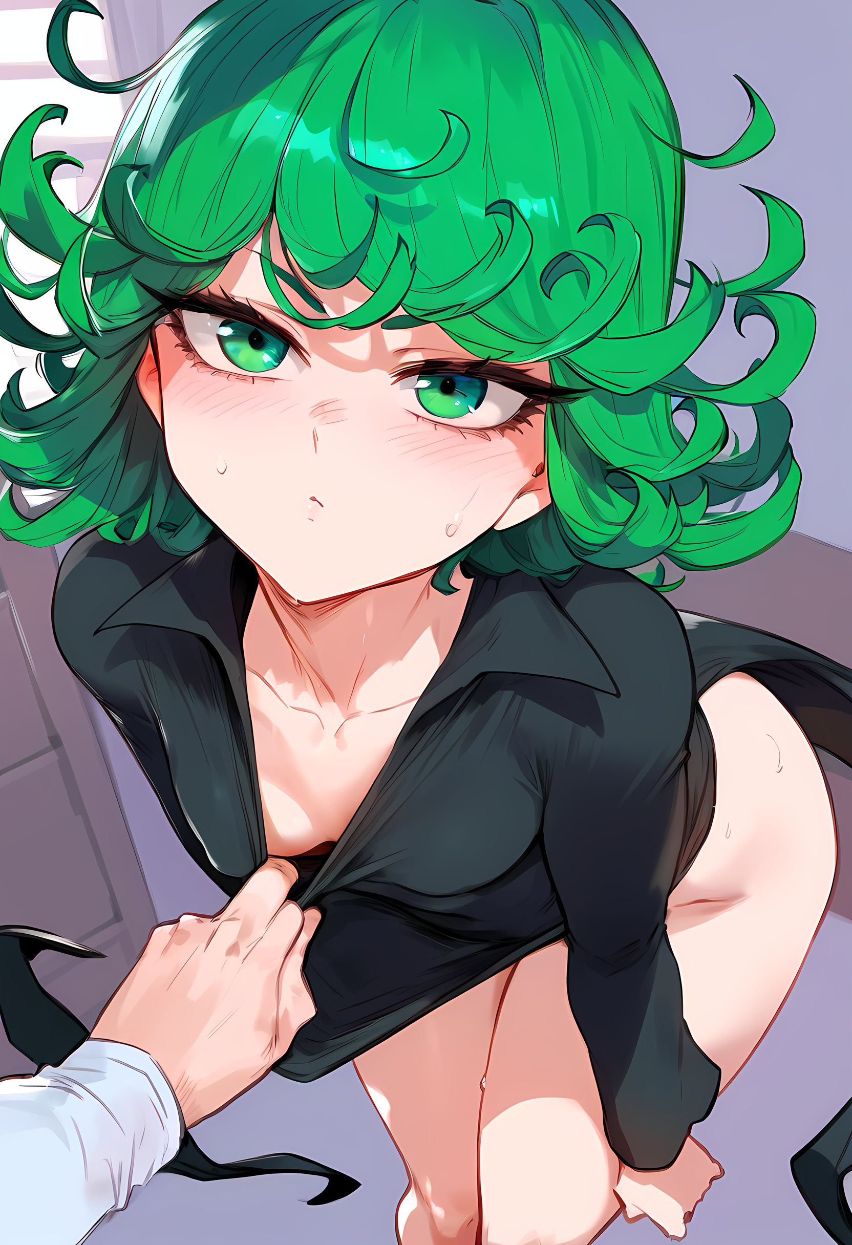 ai generated, black dress, blush, breasts, ded 173, female, green hair, one-punch man, small breasts, tatsumaki, thighs