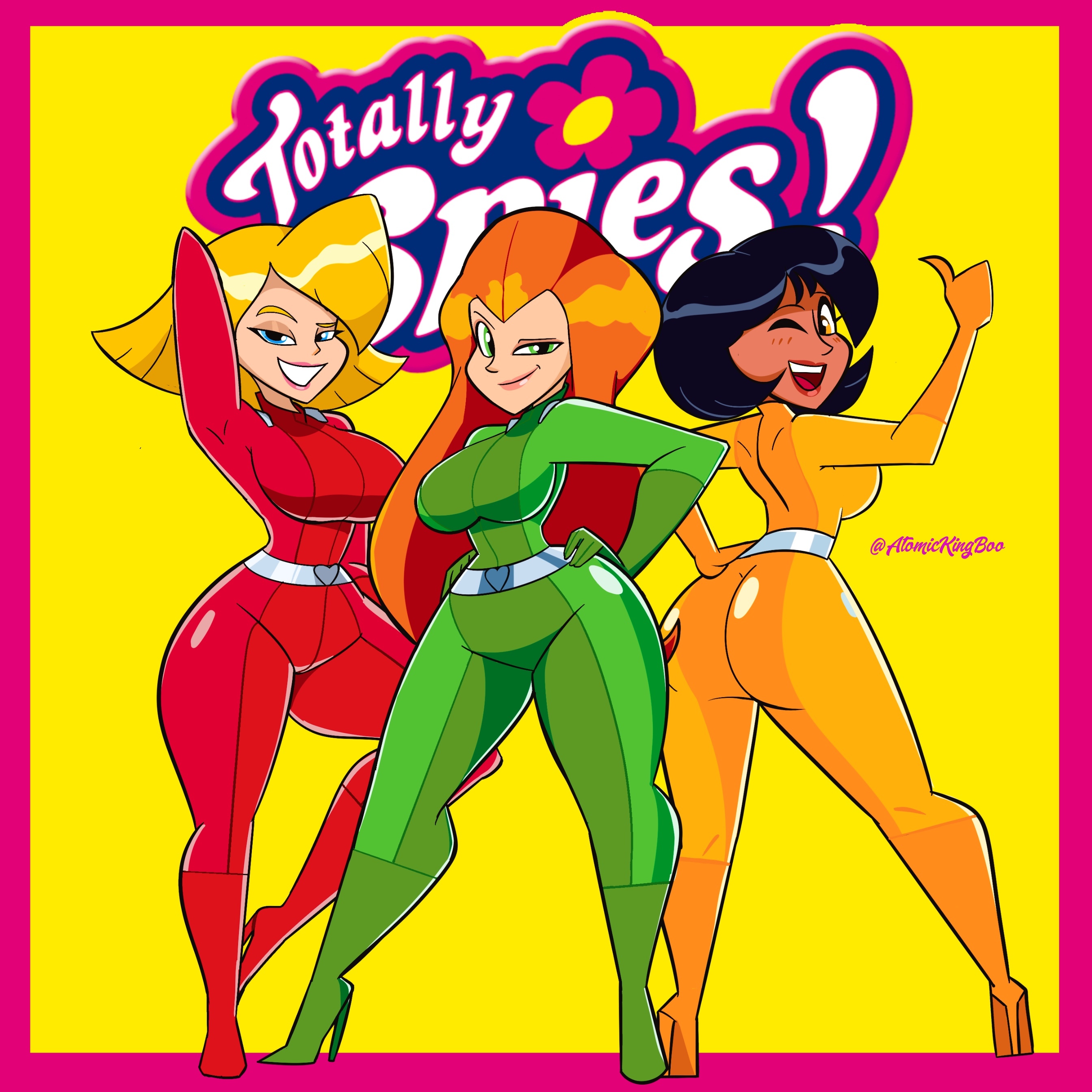 2020, 3 bodysuits, 3girls, alex (totally spies), artist name, ass, atomickingboo, big ass, big breasts, black hair, black-haired female, blonde, blonde female, blonde hair, blonde-haired female, bodysuit, boots, breasts, cartoon network, clothed, clothed female, clothing, clover (totally spies), english, english text, female, female focus, female only, fully clothed, fully clothed female, heart buckle, heart-shaped buckle, heel boots, heeled boots, jpeg, light skin, light-skinned female, orange hair, orange-haired female, sam (totally spies), tan body, tan skin, tan-skinned female, text, thick thighs, thighs, totally spies, trio, trio female, trio focus, warner bros, warner brothers