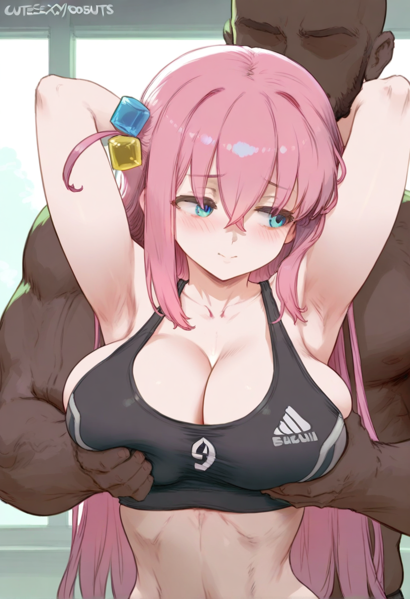 1boy 1girls ai_generated arms_behind_head arms_up averting_eyes blush bocchi_the_rock! bra breast_grab cleavage dark-skinned_male dark_skin embarrassed faceless_male facing_viewer female gotou_hitori grabbing_from_behind gym indoors interracial large_breasts light-skinned_female light_skin looking_to_the_side muscular_male navel sad sad_smile sexy shy sports_bra straight stubble