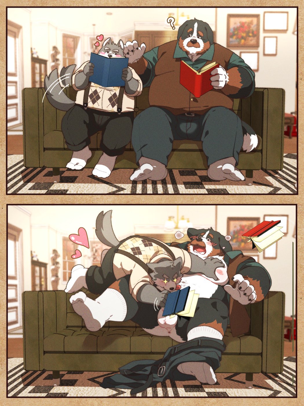 2025 713_hpl anthro anus ass balls bernese_mountain_dog black_body black_nose blush book bottomwear canid canine canis clothing detailed_background domestic_dog duo facial_hair genitals grey_body hi_res kemono male male/male mammal mature_male molosser moobs mountain_dog moustache nipples overweight overweight_male pants shirt sitting surprised suspenders swiss_mountain_dog tail tail_motion tailwag topwear