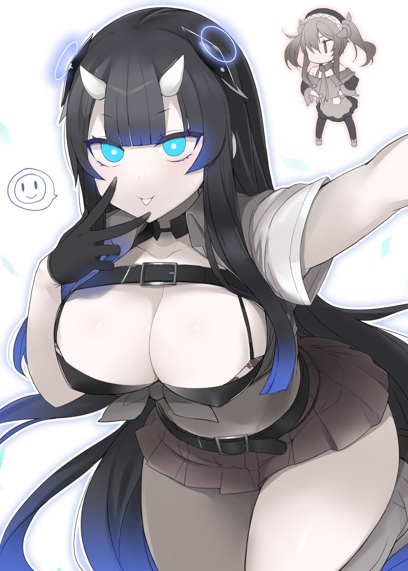 2girls alternate_costume atoll_aircraft_carrier_anchorage_princess belt black_gloves black_hair blue_eyes blue_hair breasts chibi cleavage crop_top curvy female gloves gradient_hair hair_between_eyes hair_over_one_eye hands_on_own_hips hat horns kantai_collection long_hair microskirt miniskirt multicolored_hair multiple_girls ra-class_destroyer selfie shin_(new) short_sleeves simple_background skirt solo_focus twintails v very_long_hair