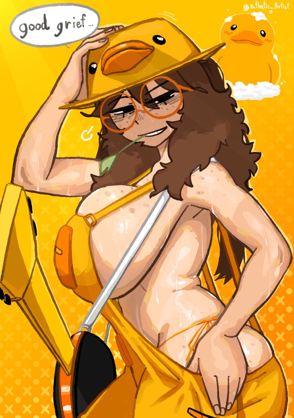1girls big_breasts breasts dj_(tds) duck ducky_dj_(tds) english_text female hat jojo_reference official_alternate_costume overalls roblox roblox_game robloxian sideboob solo speech_bubble standing tagme text thick_thighs thighs tower_defense_simulator trophimos
