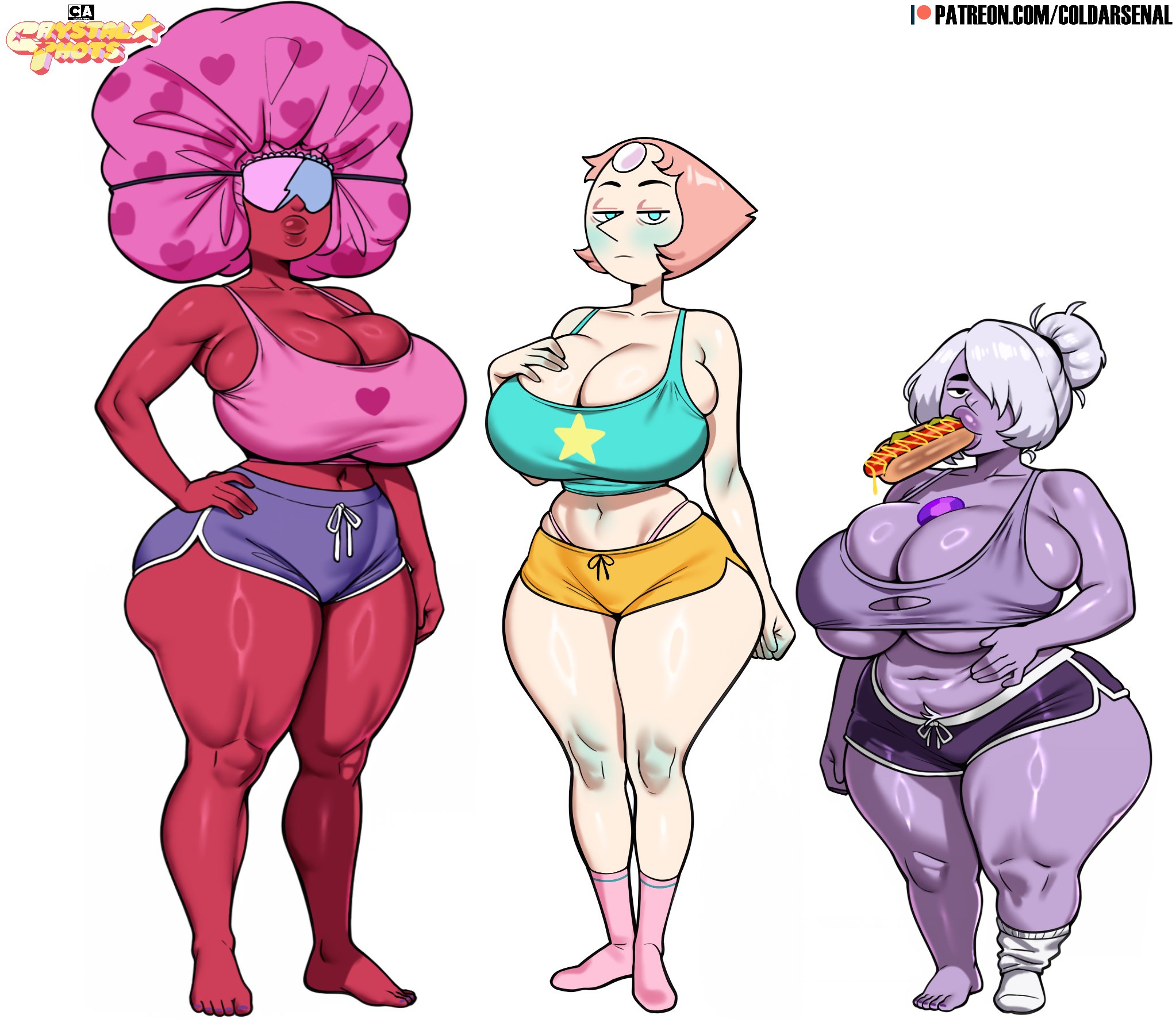 3girls, alternate body type, alternate breast size, amethyst (steven universe), ass, blue tank top, bonnet, breasts, bursting breasts, cartoon network, cleavage, cleavage overflow, coldarsenal, crystal thots, dolphin shorts, female, garnet (steven universe), gem (species), huge breasts, lips, looking at viewer, pearl (steven universe), pink tank top, purple shorts, purple skin, purple tank top, red skin, shorts, shortstack, simple background, standing, steven universe, sunglasses, tank top, thick thighs, torn clothes, white background, yellow shorts