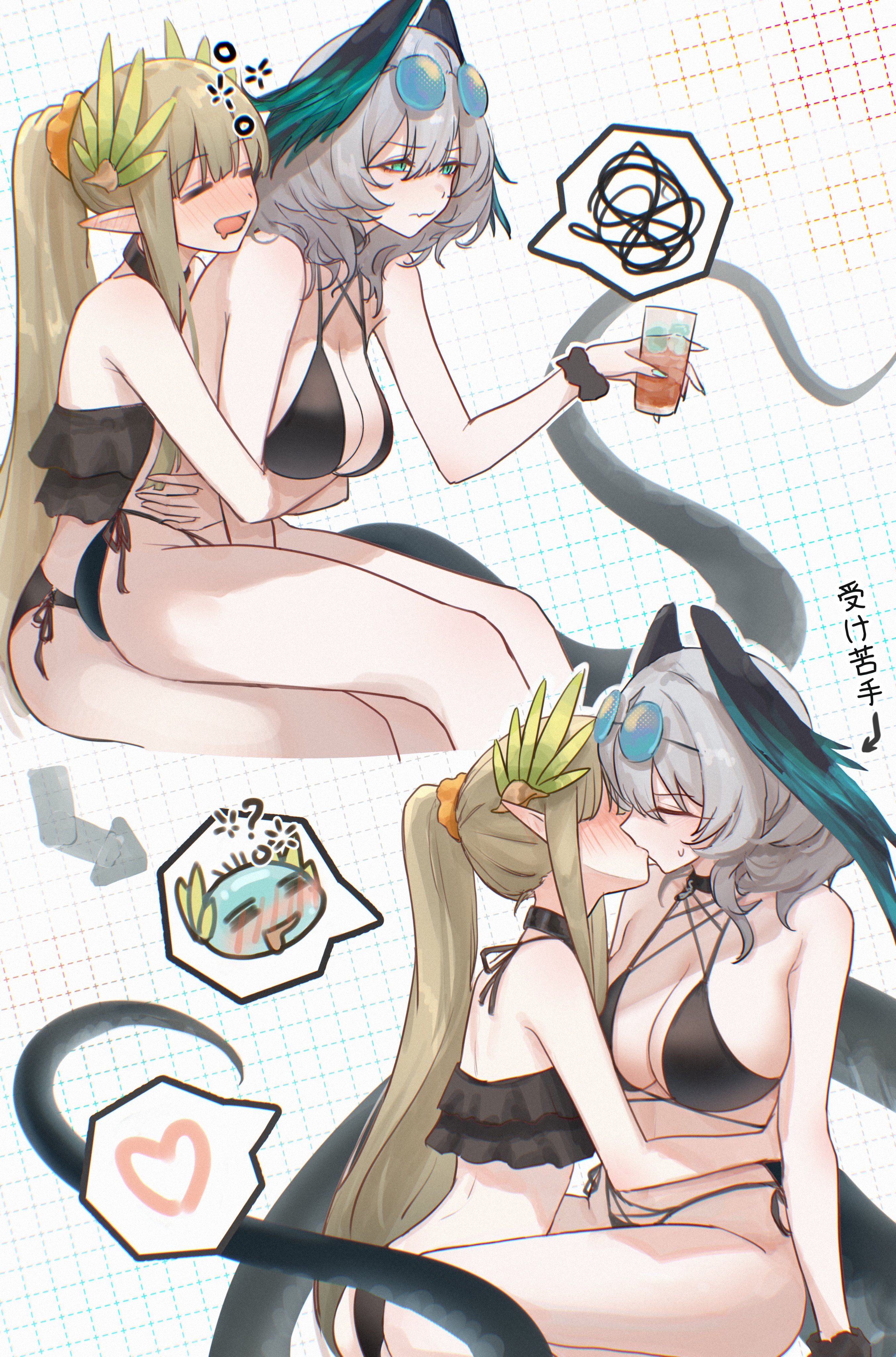 2girls, arknights, big breasts, bikini, blonde hair, blushing, breasts, elf, female, female only, grey hair, ho'olheyak (arknights), huge breasts, kissing, large breasts, lesbian, medium breasts, milf, muelsyse (arknights), size difference, small breasts, snake girl, sunglasses, sunglasses on head, swimsuit, tail, white hair, ysthl, yuri