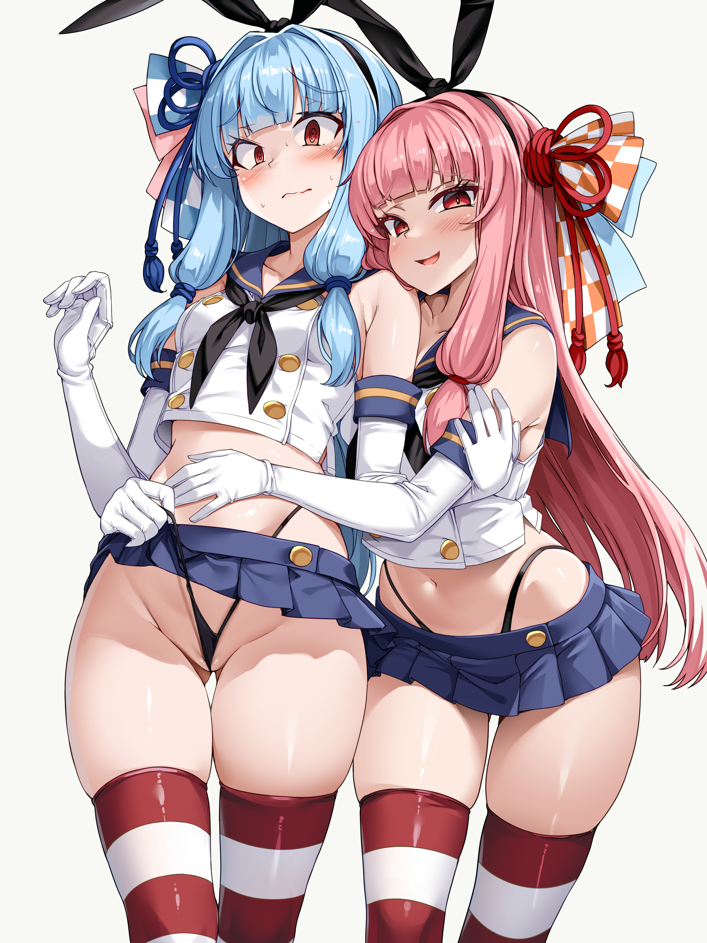 2girls, absurdres, black panties, blue hair, blue sailor collar, blue skirt, blunt bangs, blush, breasts, closed mouth, commentary request, cosplay, detached sleeves, embarrassed, female, gloves, grey background, hair ornament, hair ribbon, hand on another's hip, highleg, highleg panties, highres, kantai collection, kotonoha akane, kotonoha aoi, long hair, looking at viewer, miniskirt, multiple females, multiple girls, navel, open mouth, panties, pink hair, pleated skirt, purple eyes, red eyes, ribbon, sailor collar, school uniform, serafuku, shimakaze (kantai collection) (cosplay), shirt, siblings, sidelocks, simple background, sisters, skirt, small breasts, smile, striped clothes, striped thighhighs, thighhighs, thong, tori33, underwear, voiceroid, wedgie, white gloves, white shirt