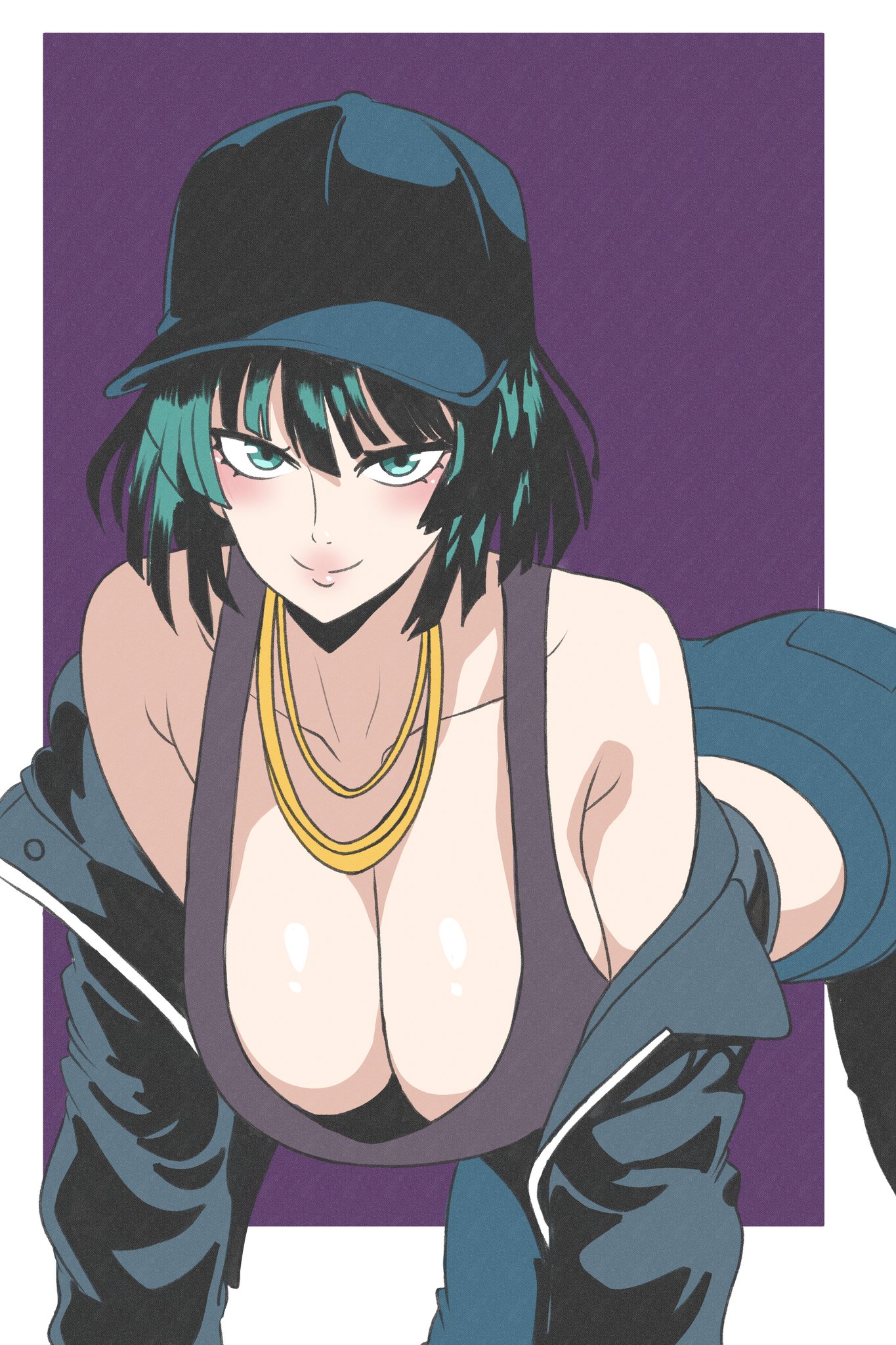 1girls, 2d, bare arms, bare shoulders, big breasts, blush, breasts, cleavage, clothed, clothing, color, female, female focus, female only, fubuki (one-punch man), green eyes, green hair, hanging breasts, hat, hi res, jeans, large breasts, light skin, light-skinned female, looking at viewer, one-punch man, short hair, solo, solo female, tagme, thick thighs, windriftdraws