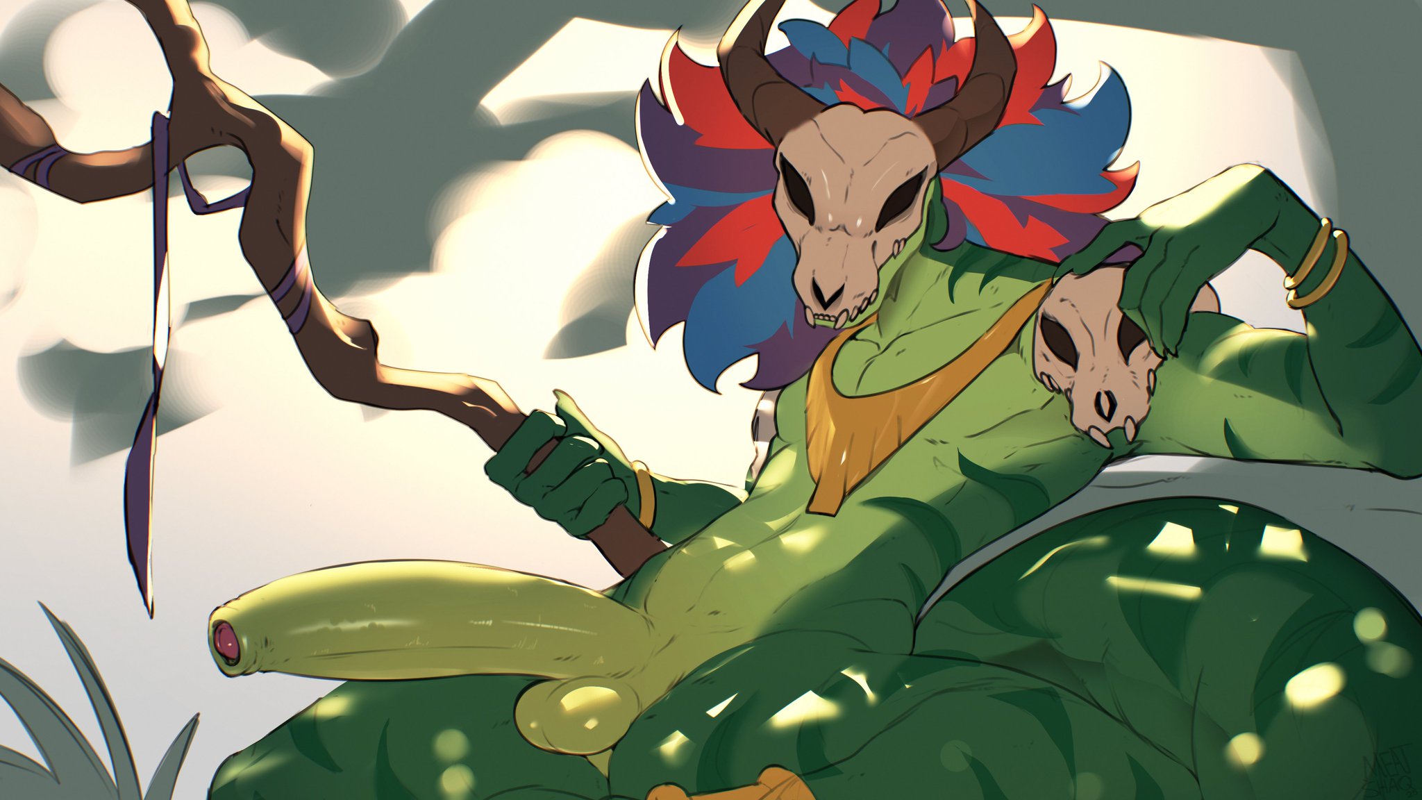 1boy, bone, boner, bones, bracelet, bracelets, erection, green body, green scales, humanoid genitalia, humanoid penis, lizard, lizard humanoid, male, male focus, male only, meatshaq, nude, outdoor nudity, outdoors, outdoors nudity, penis, plant, plants, reptile, reptile humanoid, reptile tail, scales, scalie, skull, skull mask, solo, solo anthro, solo focus, solo male, staff, tail, terraria, witch doctor (terraria)