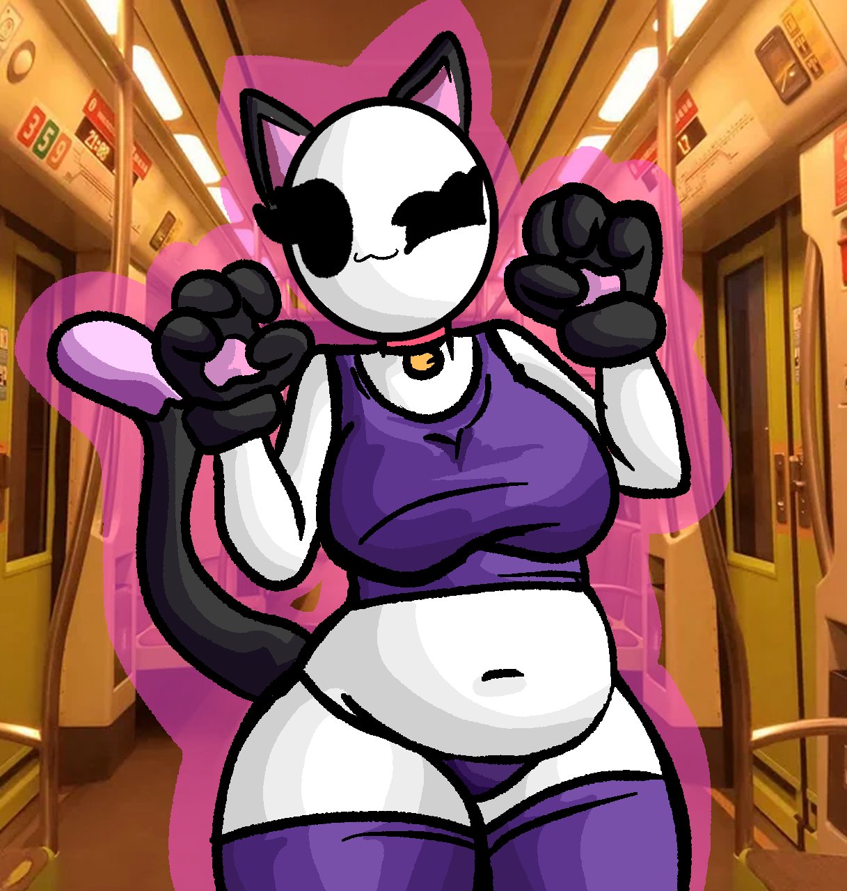1girls :3 bald bald_female belly belly_button black_eyes breasts cat_collar cat_ears cat_paws cat_tail chetoh chubby chubby_female claire_(chetoh) collar egg female female_focus female_only oc original original_character panties photo_background purple_panties purple_stockings purple_topwear stockings subway_train white_body winking_at_viewer