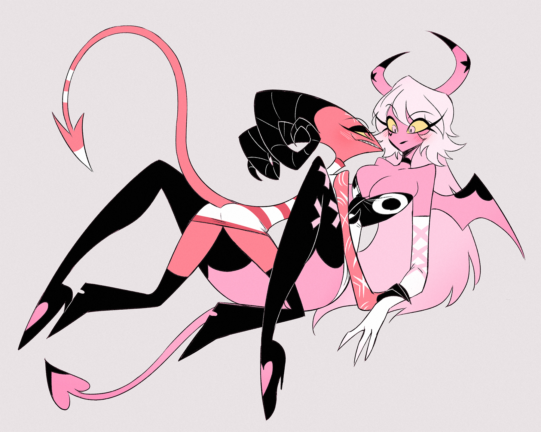 2demons, 2girls, barbie wire, before sex, boots, demon, demon girl, demon girls, demon horns, demon humanoid, demon tail, demon wings, demoness, demons, female, helluva boss, helluva venti, high heel boots, high heels, imp, long hair, pulling clothing, succubus, thigh boots, verosika mayday (helluva boss), yuri