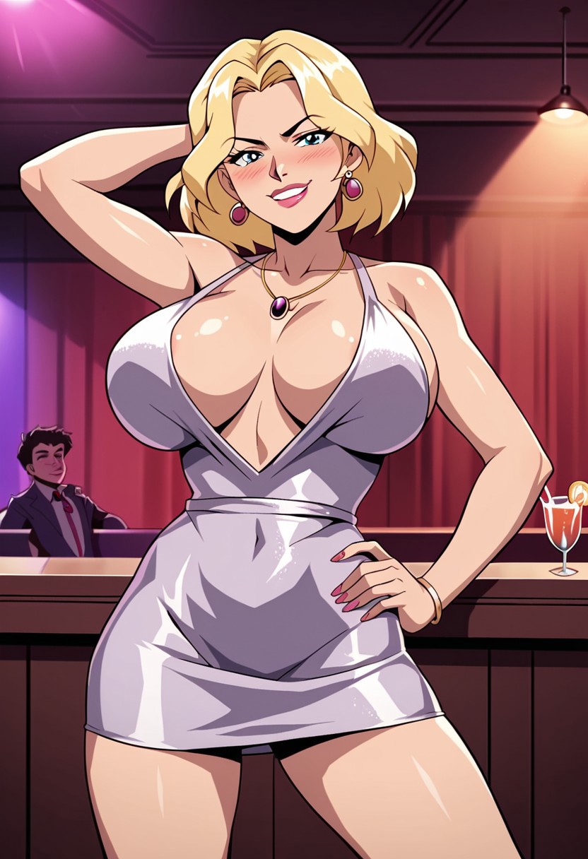 1girls ai_generated bar big_breasts big_breasts blonde_hair bracelet breasts breasts busty busty_female cleavage creature_commandos dc_comics dress drink earrings female female female_focus female_only hand_behind_head ilana_rostovic jewelry large_boobs large_breasts looking_at_viewer necklace short_hair smirk solo solo_female solo_focus standing white_dress zupern0va_(manipper)