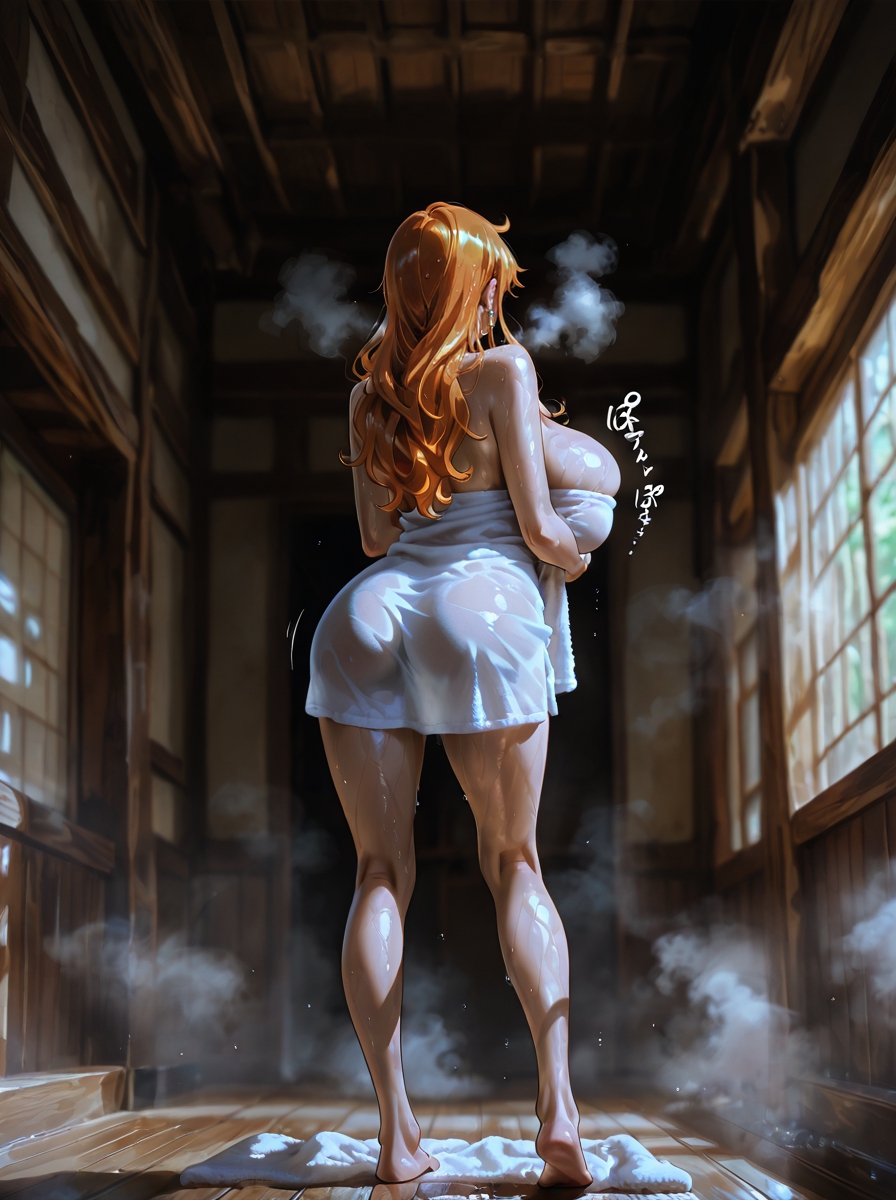 ai_generated aiegg big_ass big_breasts breasts female female_only nami_(one_piece) one_piece onsen orange_hair sole_female towel