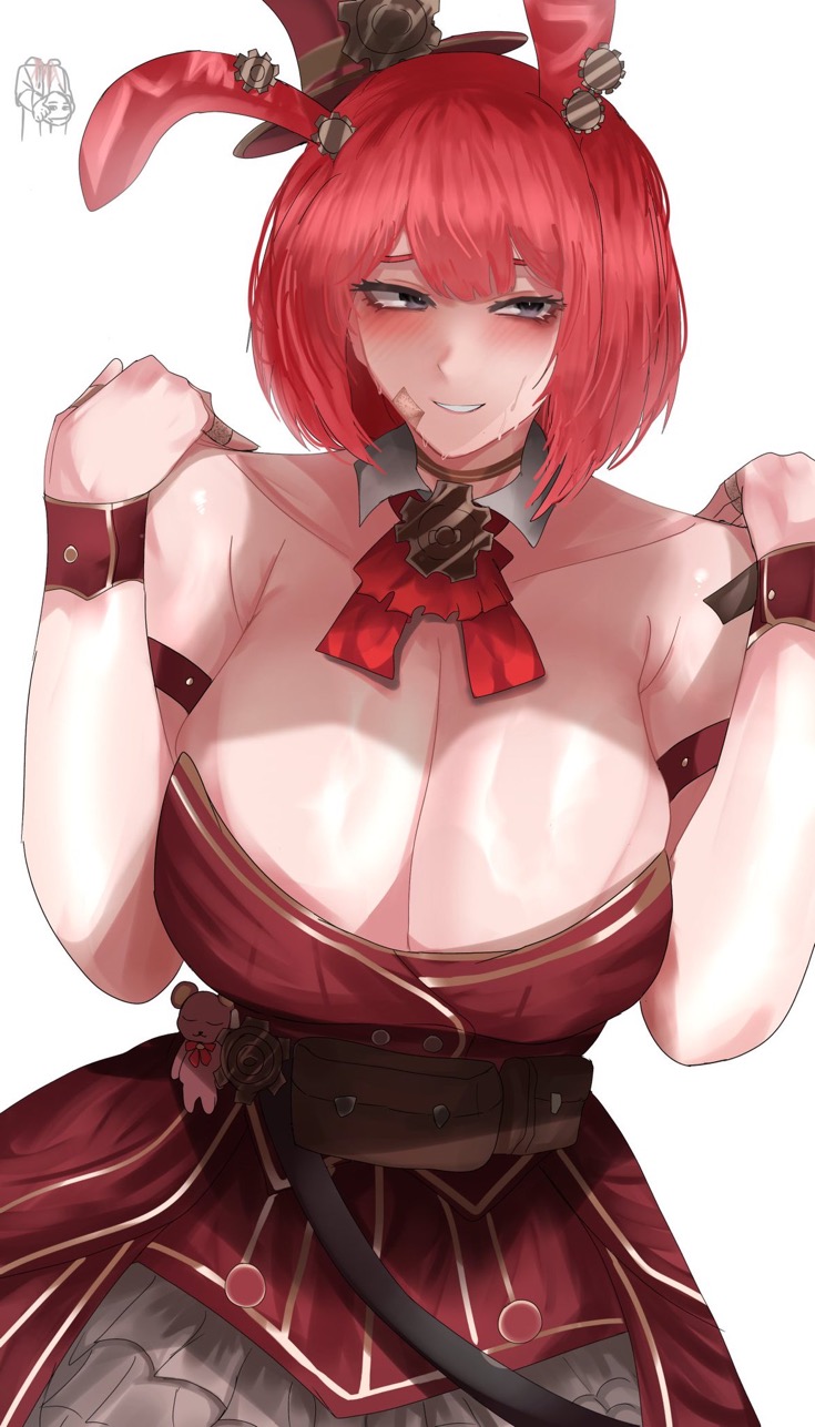 1girls, big breasts, big tits, blush, breasts, bunny ears, cleavage, distortion detective, female, project moon, smiling, solo, sweating, yuria (distortion detective)