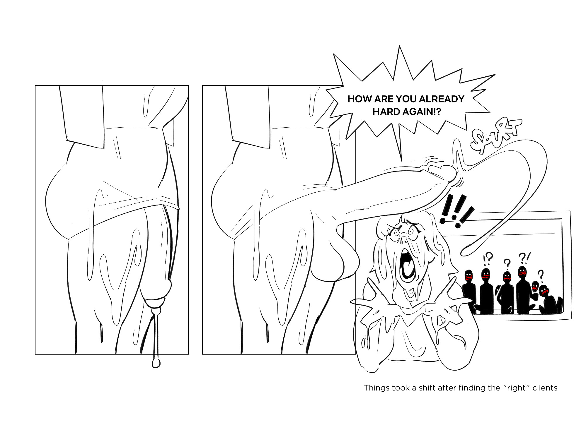 !?, ?, after handjob, blush, crowd, cum, cum on body, cum on lower body, dickgirl, erection, excessive cum, female, female on futa, flaccid, flaccid penis, futanari, huge cock, intersex, looking at penis, office lady, original character, penis, shocked expression, whiteflagman