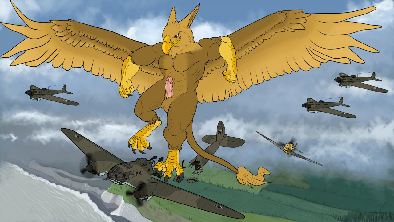 4_toes 5_fingers abs aircraft airplane altairxxx anthro avian balls beak biceps brown_body carpo claws crush crushed_vehicle destruction erection extreme_size_difference feathered_wings feathers feet finger_claws fingers flat_colors flying foot_crush genitals gryphon humanoid_genitalia humanoid_penis macro macro_anthro macro_male male military military_vehicle muscular muscular_anthro muscular_male mythological_avian mythological_creature mythology nude pawpads paws pecs penis pyronite(commissioner) size_difference sky skyscape smile solo tail toe_claws toes vehicle vehicle_destruction vein veiny_penis wings world_war_2