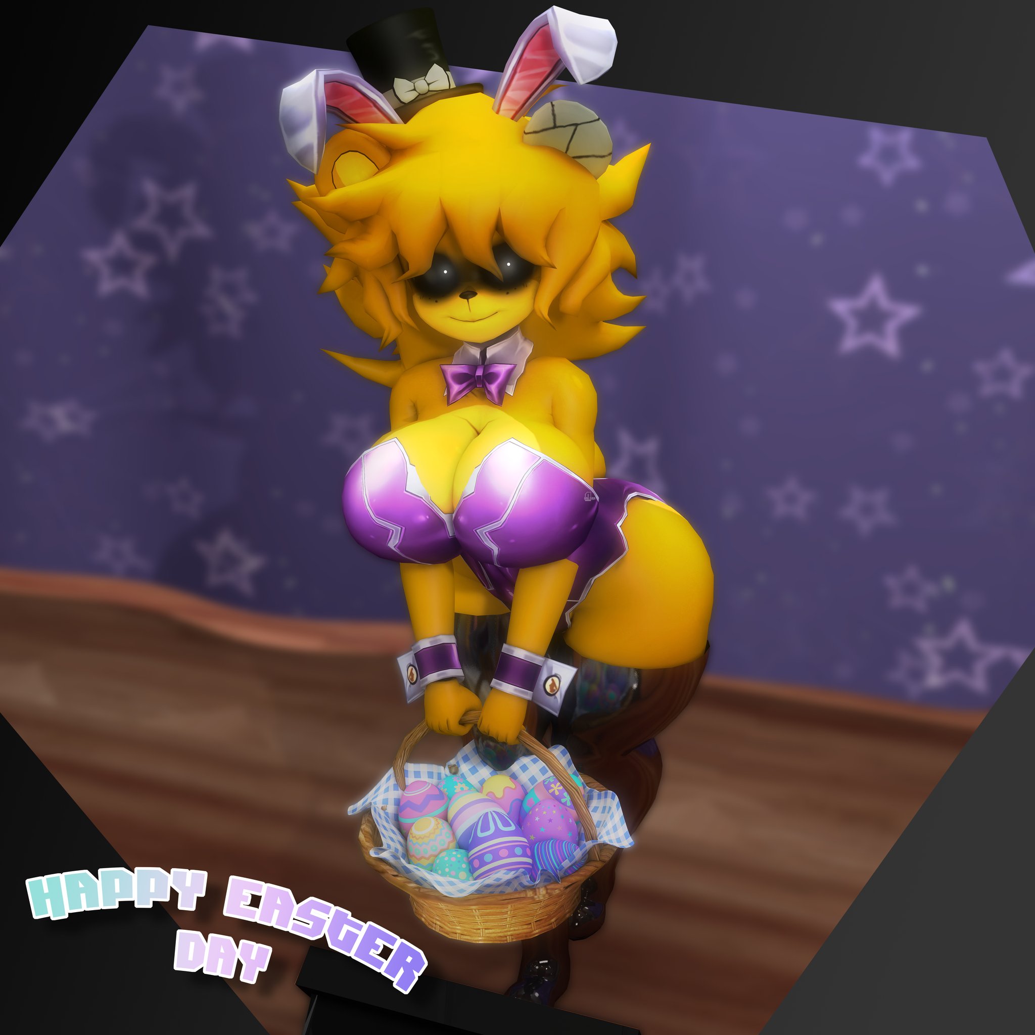 1girls, 2025, 3d, 3d (artwork), anthro, anthro female, anthro only, bear, bear ears, bear girl, big boobs, big breasts, big tits, black hat, boobs, breasts, bunny ears, bunny girl, bunnysuit, cally3d, digital media, digital media (artwork), easter, egg, eggs, english, english text, fazclaire's, fazclaire's nightclub, female, female only, five nights at freddy's, fnaf, freddy (fnaf), fredina's nightclub, golden freddy (fnaf), golden fredina (cally3d), hat, jpeg, jpg, n voltra, rabbit ears, scottgames, solo, solo female, text, tits, type 0, white eye, white eyes, white-eyed female, yellow body, yellow hair, yellow skin