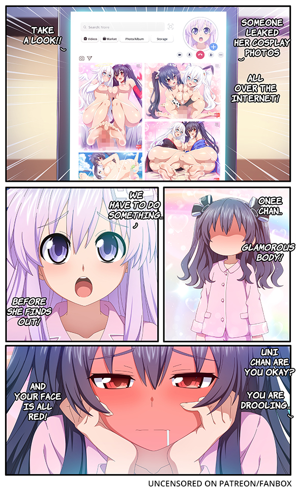 2025, barefoot, black hair, black heart, blue-senpai, blush, breasts, comic, compile heart, cowgirl outfit, feet, female, footjob, hands on own face, idea factory, indoors, large breasts, long hair, lying, multiple females, multiple girls, nepgear, neptunia (series), noire, nude, open mouth, pajamas, purple hair, rabbit ears, red eyes, soles, symmetrical docking, toes, twintails, uni (neptunia)