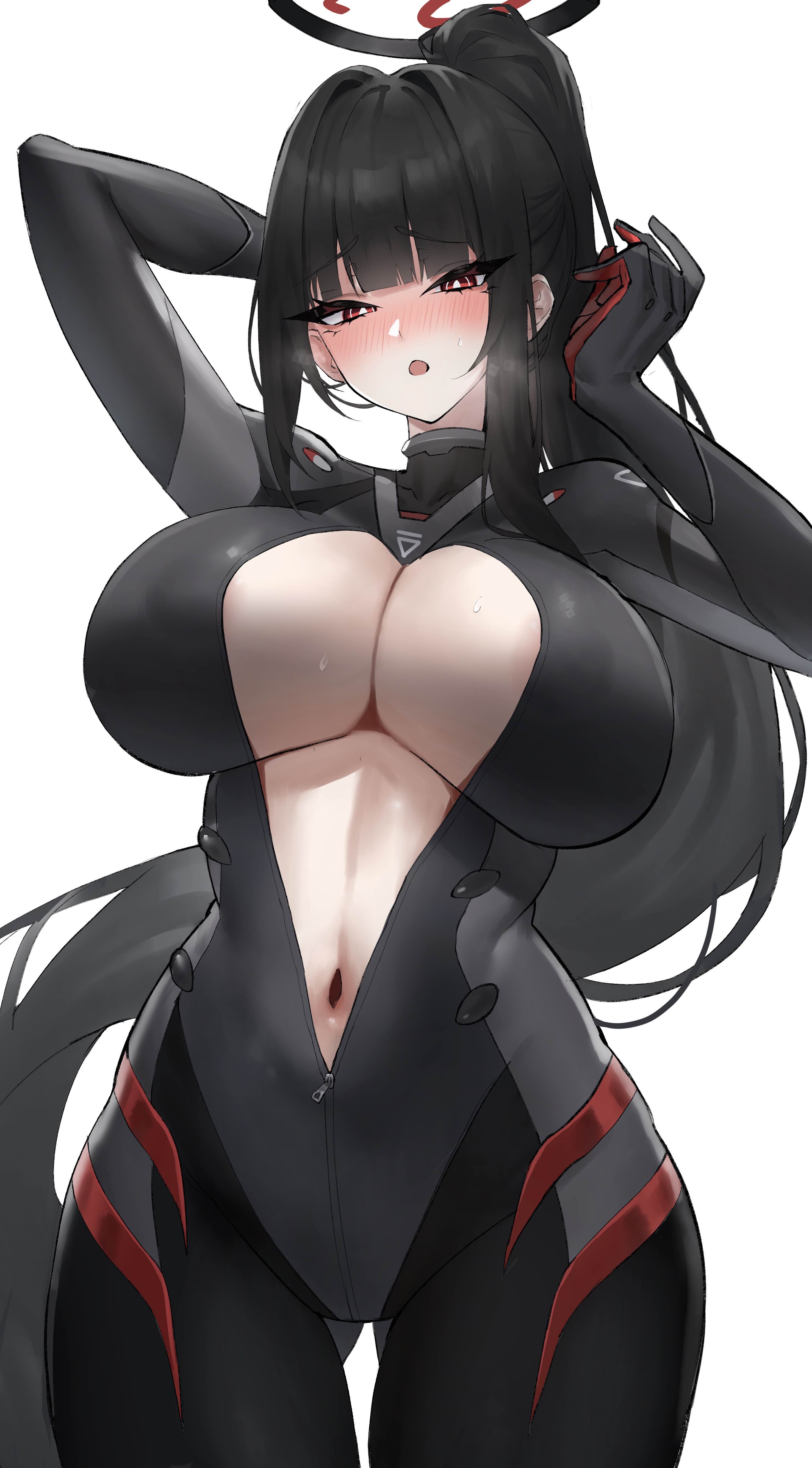 :o, 1girls, absurdres, black bodysuit, black hair, black halo, blue archive, blush, bodysuit, breasts, commentary, female, female only, first one14, halo, highres, huge breasts, long hair, looking at viewer, navel, official alternate costume, partially unzipped, red eyes, rio (armed) (blue archive), rio (blue archive), simple background, skin tight, solo, sweat, very long hair, white background