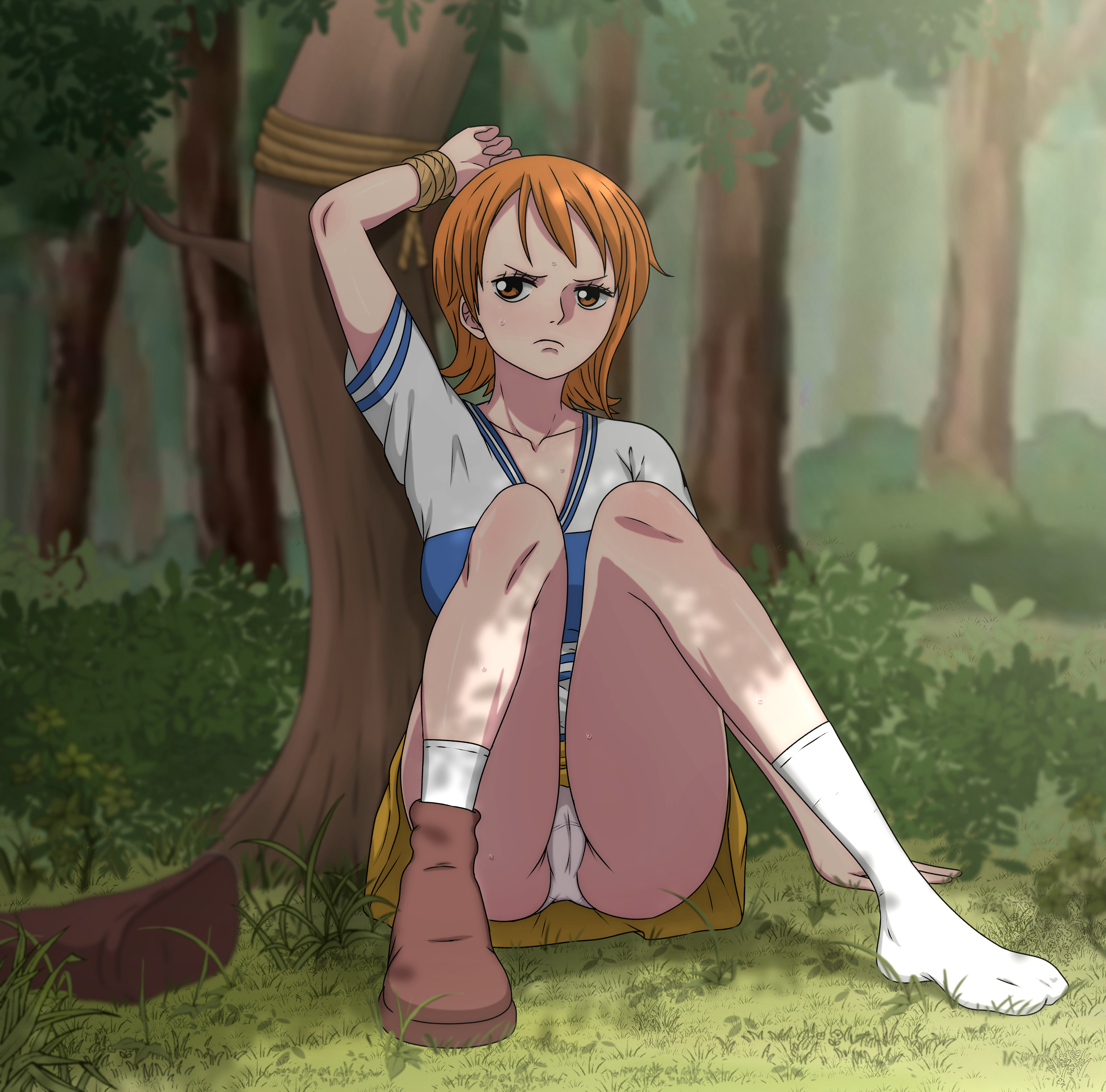 1girls, bondage, bound, clothing, female, female focus, female only, femsub, light skin, light-skinned female, long hair, looking at viewer, nami (classic), nami (one piece), noxdsa, one hand behind head, one piece, orange hair, orange-haired female, panties, pantyshot, pre-timeskip, restrained, restrained arms, restraints, skirt, skirt lift, skirt up, socks, thick thighs, thighs, tied hands, tied to tree, tied up, tree, upskirt