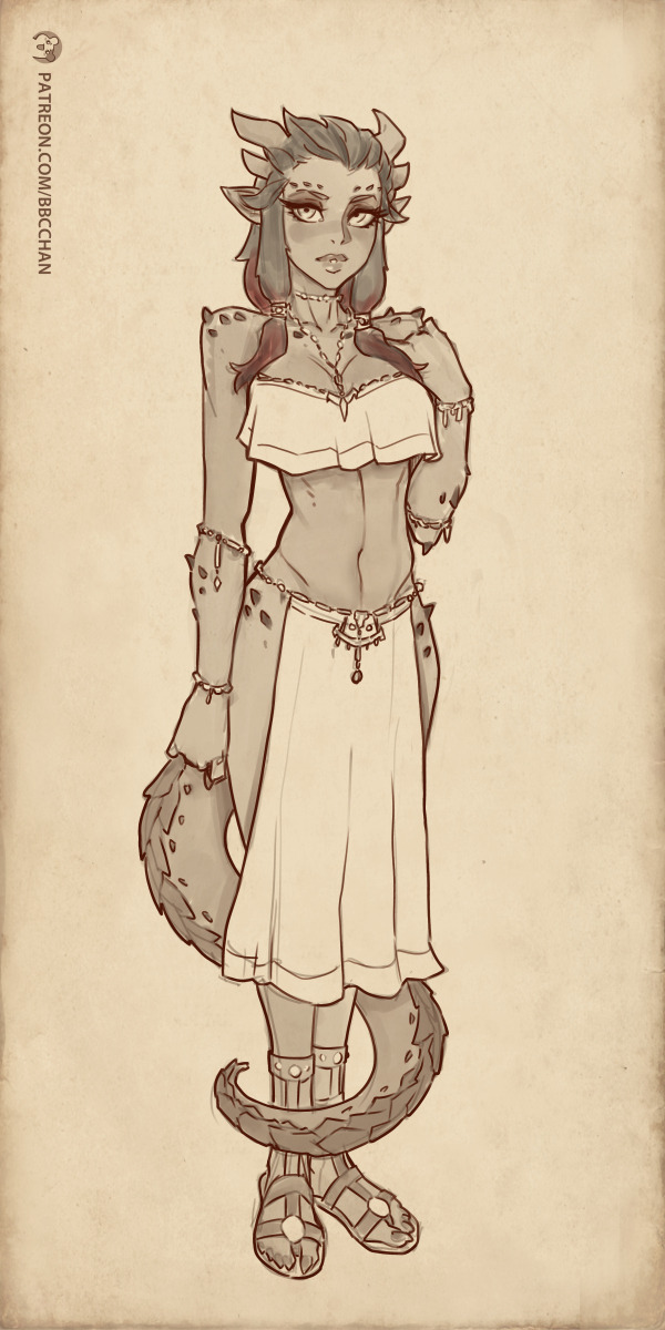 1girls, bbc-chan, clothed, feet, female, female only, horns, lizard, lizard girl, loincloth, long toenails, midriff, monochrome, necklace, pointy ears, reptile, reptilian, sandals, scales, solo, tail