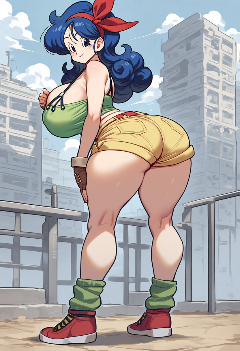 1girls ai_generated ass big_ass big_breasts blue_hair breasts dragon_ball dragon_ball_z female good_launch headband launch red_headwear short_shorts shorts soles solo solo_female tank_top tight_shorts tight_topwear
