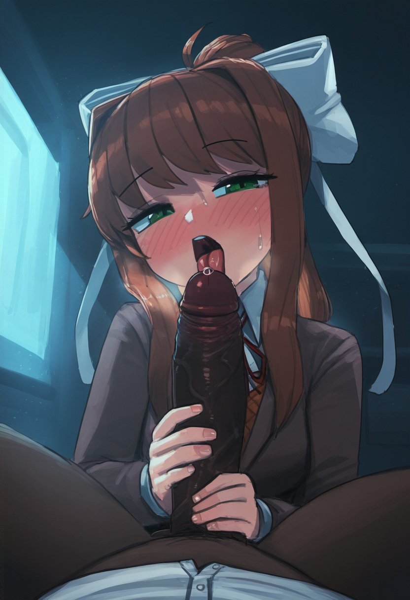 1boy, 1girls, ai generated, blowjob, blush, brown hair, dark skin, dark-skinned male, doki doki literature club, duo, fellatio, female, green eyes, hair, hair bow, hair ribbon, hands on penis, interracial, long hair, maihateslosers, male, male/female, monika (doki doki literature club), mouth open, open mouth, oral, penis, playing skinflute, precum, sweat, tongue, tongue out