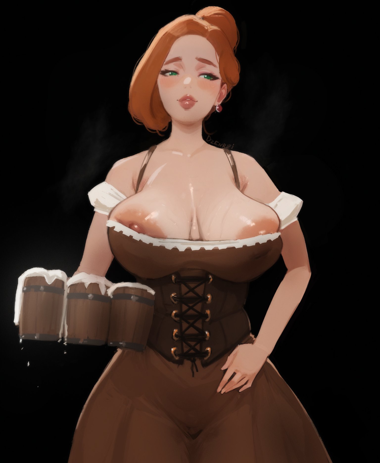 1girls, beer, beer mug, big breasts, blushing, breasts, dzenrei, dzenrei (dzenrei art), female, female only, green eyes, hair bun, huge breasts, light skin, light-skinned female, looking to the side, mug, nipple slip, original, original character, red hair, solo, solo female, traditional clothes, waitress