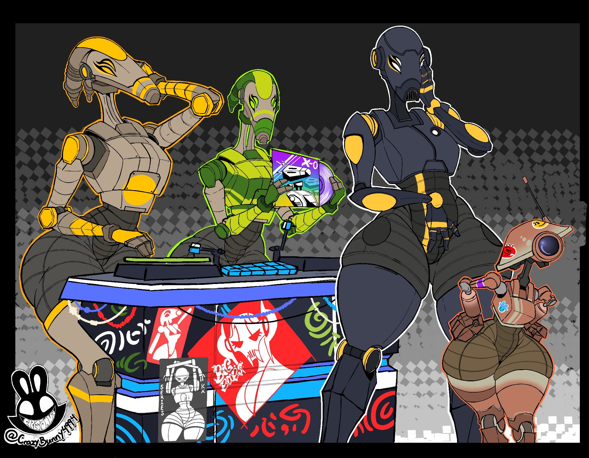 2025, 4 eyes, 5girls, android, arm up, ass, b1 battle droid, battle droid, bent over, black body, black border, booty shorts, border, bottomless, cd, christomwow, clanker, clothed, clothing, color, commando droid, decals, disc, disc jockey, dj, dj battle droid, droid (star wars), electronics, female, fingering, fingering self, front view, furniture, genderswap (mtf), general grievous, graffiti, green body, green eyes, grey background, group, hand on crotch, hand on head, hands on hips, hi res, holding cd, holding object, humanoid, larger female, machine, masturbation, nightclub, not furry, nude, pit droid, poster, robot, robot humanoid, rule 63, science fiction, shorts, shortstack, simple background, size difference, smaller female, standing, star wars, sticker, tan body, thick thighs, thighs, topless, touching crotch, touching self, turntable (record player), vinyl record, watermark, white eyes, wide hips, yellow eyes