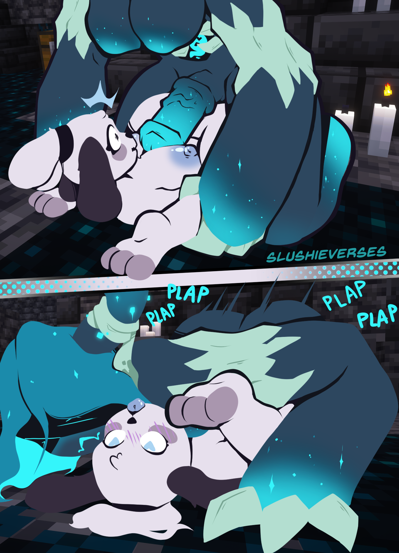 animal genitalia, animal penis, anthro, ass, big breasts, big penis, biped, blindfold, blush, border collie, breasts, canid, canine, canis, claws, collie, comic, digital media (artwork), domestic dog, dominant, duo, english text, equine genitalia, equine penis, erection, feet, female, female penetrated, from front position, fur, futanari, genitals, glowing, glowing genitalia, glowing penis, hair, heart eyes, heart symbol, herding dog, herm, hi res, horn, huge cock, humanoid, intersex, intersex penetrating, intersex/female, mammal, mating press, microsoft, minecraft, mojang, nipples, not furry, nude, open mouth, pastoral dog, penetration, penis, plap, sex, sheepdog, size difference, slushieverses, sound effects, submissive, text, tongue, warden (minecraft), white body, white fur, wren (slushieverses), xbox game studios, zoe (slushieverses)