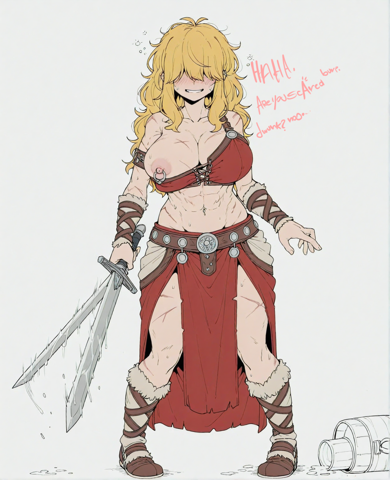 abs, ai generated, armor, bangs, bare shoulders, belt, blonde hair, blush, boots, breasts, cleavage, covered eyes, cup, drunk, english text, female, full body, fur trim, grin, hair over eyes, holding, holding sword, holding weapon, large breasts, loincloth, long hair, messy hair, mug, muscular, muscular female, navel, nipple piercing, nipple slip, nipples, pelvic curtain, piercing, revealing clothes, scar, scar on arm, scar on leg, scar on stomach, simple background, smile, solo, sondu, standing, sweat, sword, weapon, white background
