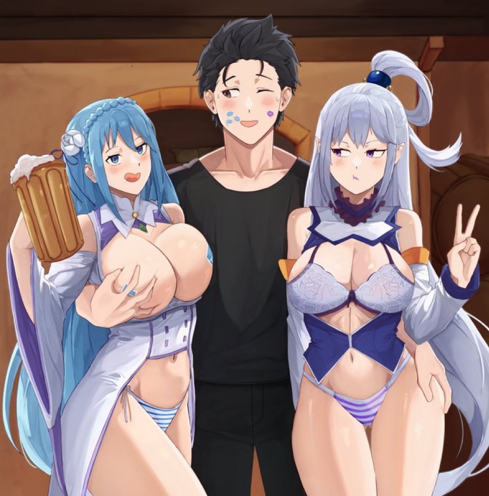  e v o n 0, 1boy, 2girls, after kiss, akihitoevon, aqua (konosuba), big ass, big breasts, blue lipstick, bra, breasts, crossover, drunk, drunk female, emilia (re:zero), female, female domination, grabbing breasts, hand on ass, horny, hourglass figure, isekai quartet, jealous, kiss mark, kono subarashii sekai ni shukufuku wo!, lipstick, lipstick mark, male, multiple females, multiple girls, natsuki subaru, peace sign, perfect body, purple lipstick, re:zero kara hajimeru isekai seikatsu, thick ass, thick thighs, underwear