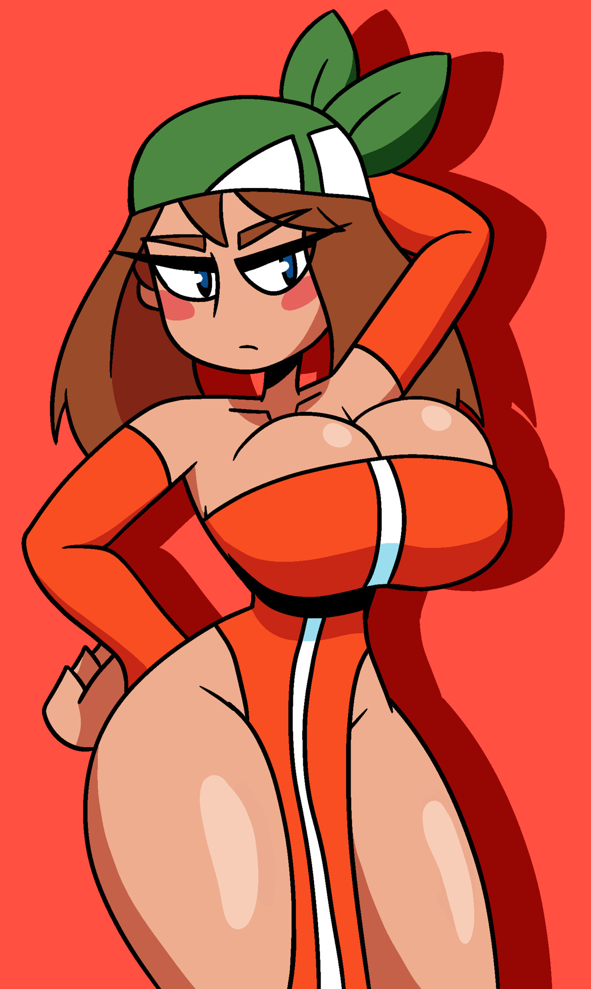 1girls, 2d (artwork), blush, blushing, breasts, digital drawing (artwork), digital media (artwork), dress, expressionless, female, female focus, female only, hand on hip, headgear, headwear, jaktroose, large breasts, looking at viewer, may (pokemon emerald), may (pokemon), nintendo, pokemon, pokemon rse, pose, posing, raised arm, shadow, simple background, thighs, unamused