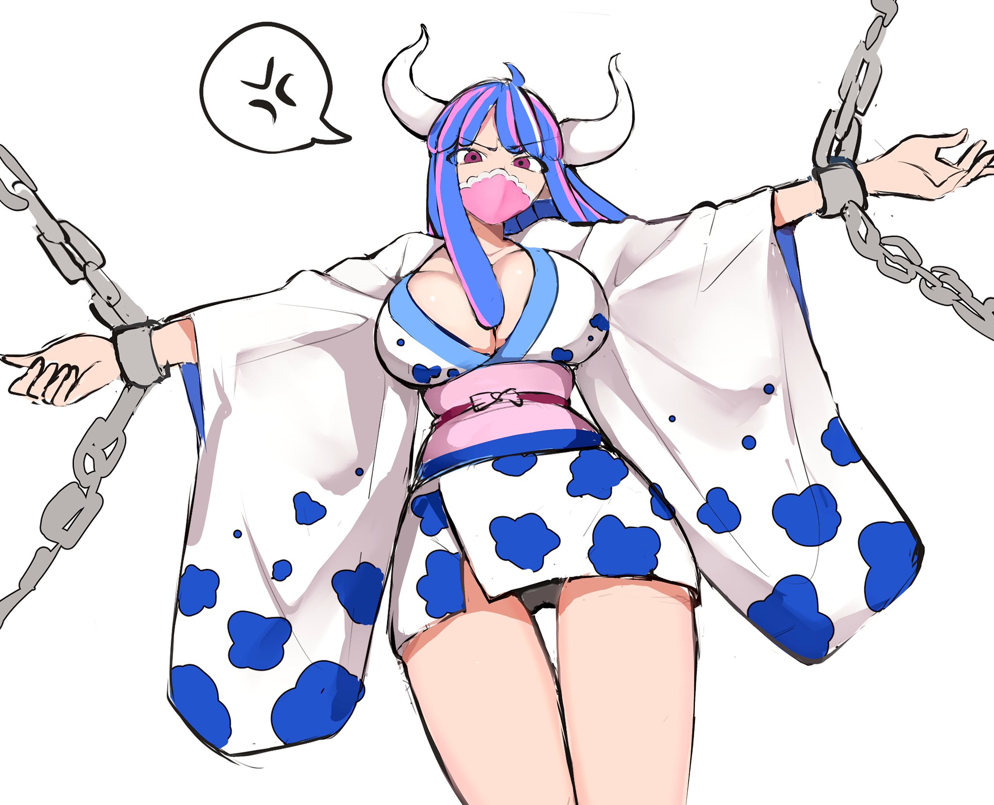 1girls, 2d, 2d (artwork), angry, angry face, bare legs, bare thighs, big breasts, blue hair, blue-haired female, bondage, bound, breasts, captured, captured female, chained, chains, cleavage, clothed, clothing, color, damsel in distress, digital art, digital media, digital media (artwork), female, female focus, female only, femsub, fully clothed, hi res, horns, kasumi6, kimono, large breasts, light skin, light-skinned female, long hair, looking at viewer, mask, metal cuffs, multicolored hair, one piece, panties, pink eyes, pink sash, plain background, resized, restrained, restrained arms, restraints, sash, shounen jump, simple background, solo, solo female, speech bubble, thick thighs, twitter link, ulti (one piece), white background, yukata