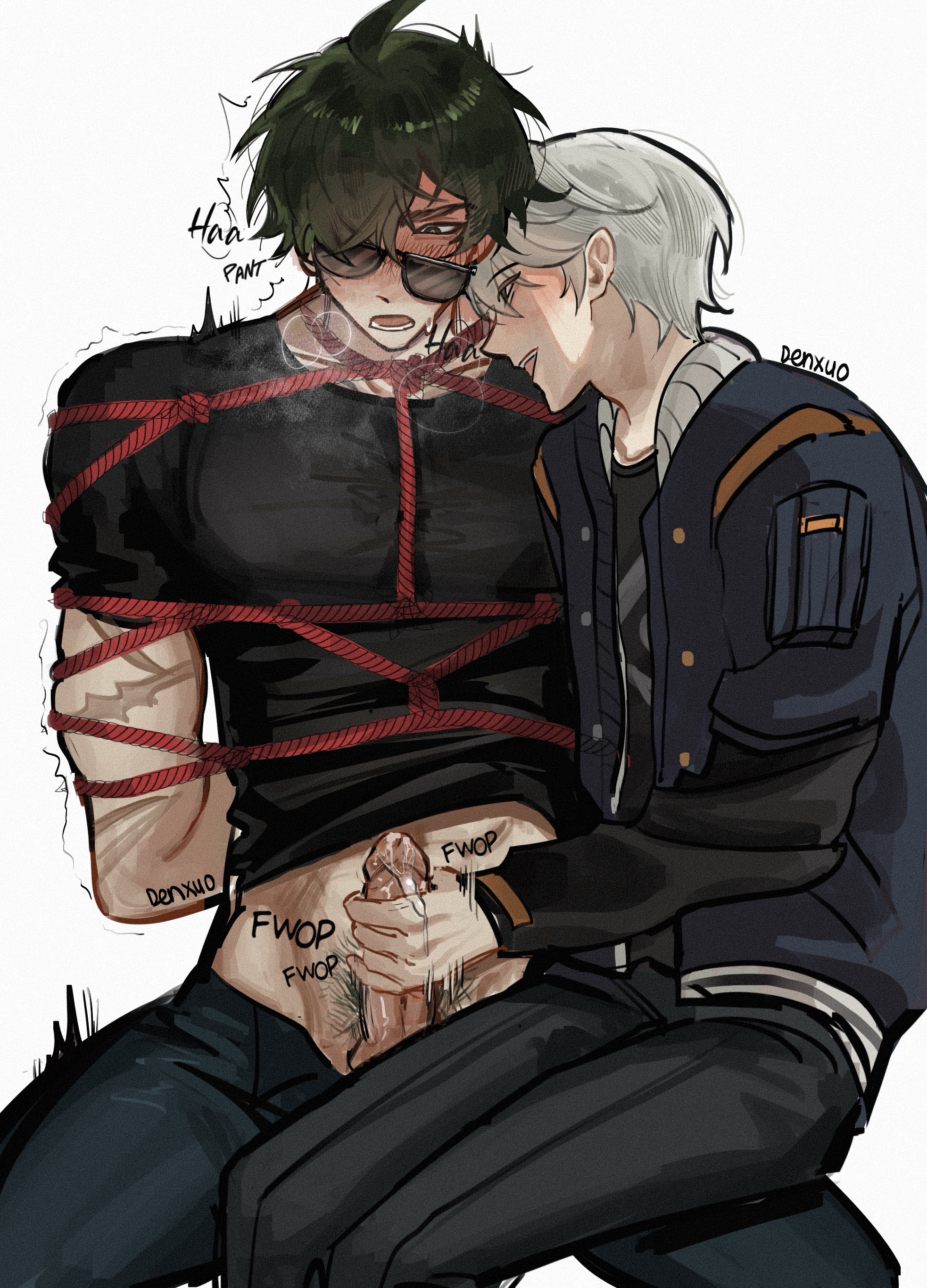 2boys, blush, bondage, clothed, cum, cum drip, denxu0, fapping, gay, handjob, jerking, jerking off, jerking off another, jerkingoff, jerkingoff another, lighter (zenless zone zero), male, male only, moaning, onomatopoeia, panting, pants, penis, penis out, precum, pubic hair, red rope, scars, shibari, shibari over clothes, shirt, tied up, wise (zenless zone zero), yaoi, zenless zone zero