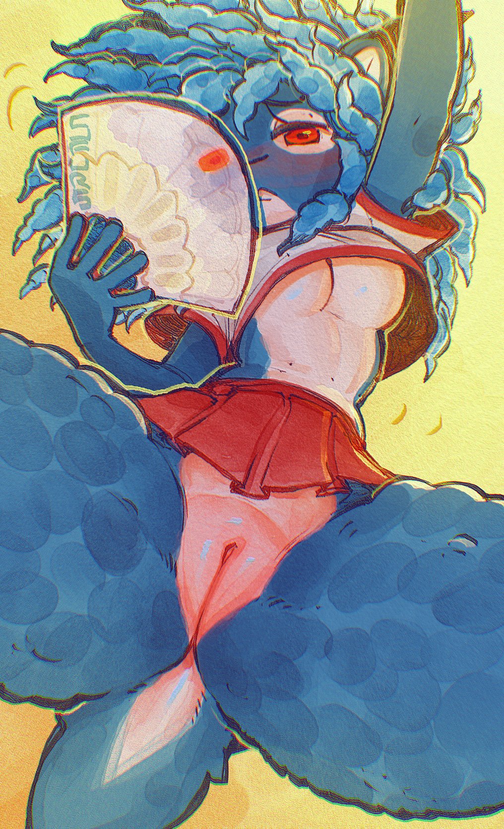 anthro blue_body blue_fur blue_hair bottomwear bovid breasts caprine cjfurs clothed clothing crop_top ewe female fur genitals hair hand_fan hi_res holding_fan innie_pussy looking_at_viewer mammal miniskirt no_underwear one_eye_obstructed pussy red_eyes serenity_(laggyb0i) sheep shirt short_tail skirt solo tail topwear under_boob wool_(fur)