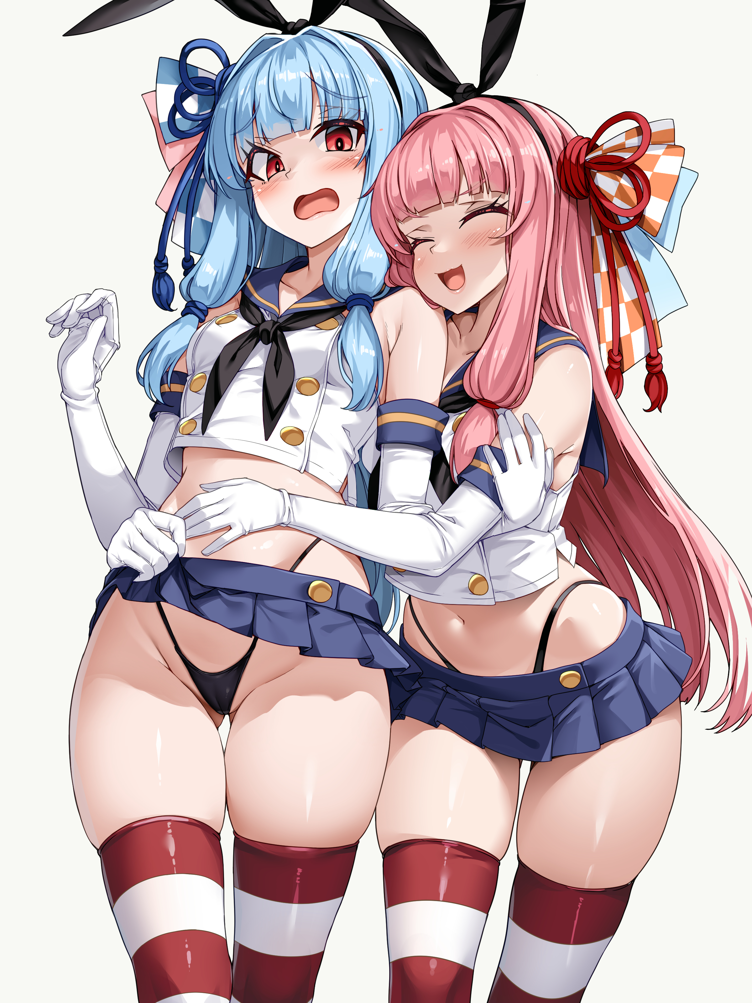 2girls, absurdres, black panties, blue hair, blue sailor collar, blue skirt, blunt bangs, blush, breasts, closed eyes, commentary request, cosplay, detached sleeves, female, gloves, grey background, hair ornament, hair ribbon, hand on another's hip, highleg, highleg panties, highres, kantai collection, kotonoha akane, kotonoha aoi, long hair, looking at viewer, miniskirt, multiple females, multiple girls, navel, open mouth, panties, pink hair, pleated skirt, purple eyes, red eyes, ribbon, sailor collar, school uniform, serafuku, shimakaze (kantai collection) (cosplay), shirt, siblings, sidelocks, simple background, sisters, skirt, small breasts, smile, striped clothes, striped thighhighs, thighhighs, thong, tori33, underwear, voiceroid, wavy mouth, white gloves, white shirt