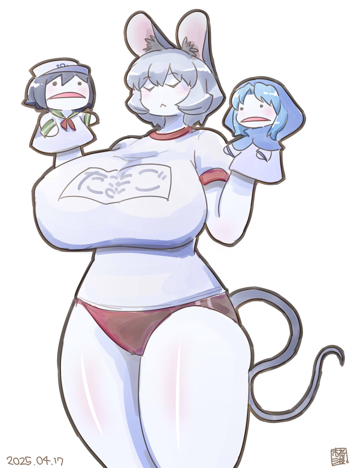 :< alternate_breast_size alternate_costume animal_ear_fluff animal_ears blush breasts buruma closed_eyes closed_mouth colored_skin cookie_(touhou) cowboy_shot dated female flour_(cookie) grey_hair gym_uniform hand_puppet highres huge_breasts impossible_clothes impossible_shirt itini-sanshi kumoi_ichirin milk_(cookie) mouse_ears mouse_girl mouse_tail murasa_minamitsu name_tag nazrin nyon_(cookie) puppet red_buruma shirt short_hair simple_background solo t-shirt tail touhou white_background white_shirt white_skin