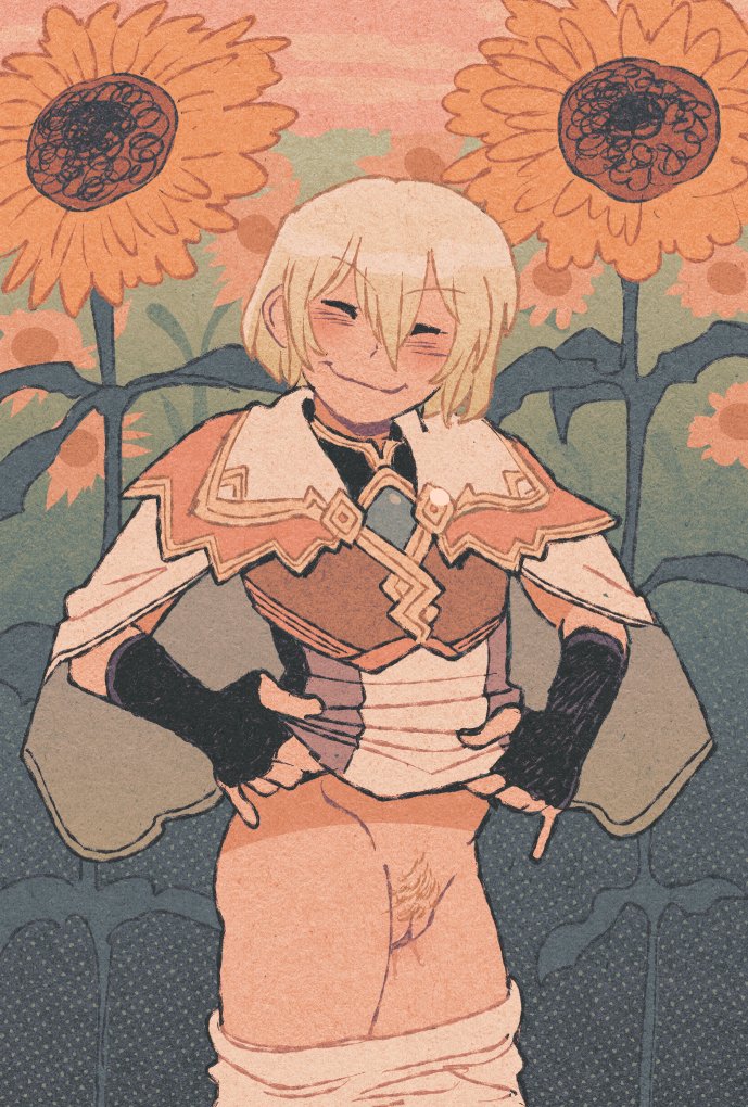 androgynous, blush, closed eyes, cuntboy, exposed pussy, half-dressed, intersex, lest (rune factory), lifting shirt, pubic hair, pussy, pussy juice, rune factory, rune factory 4, smiling, taylor titmouse, trans man, uncensored