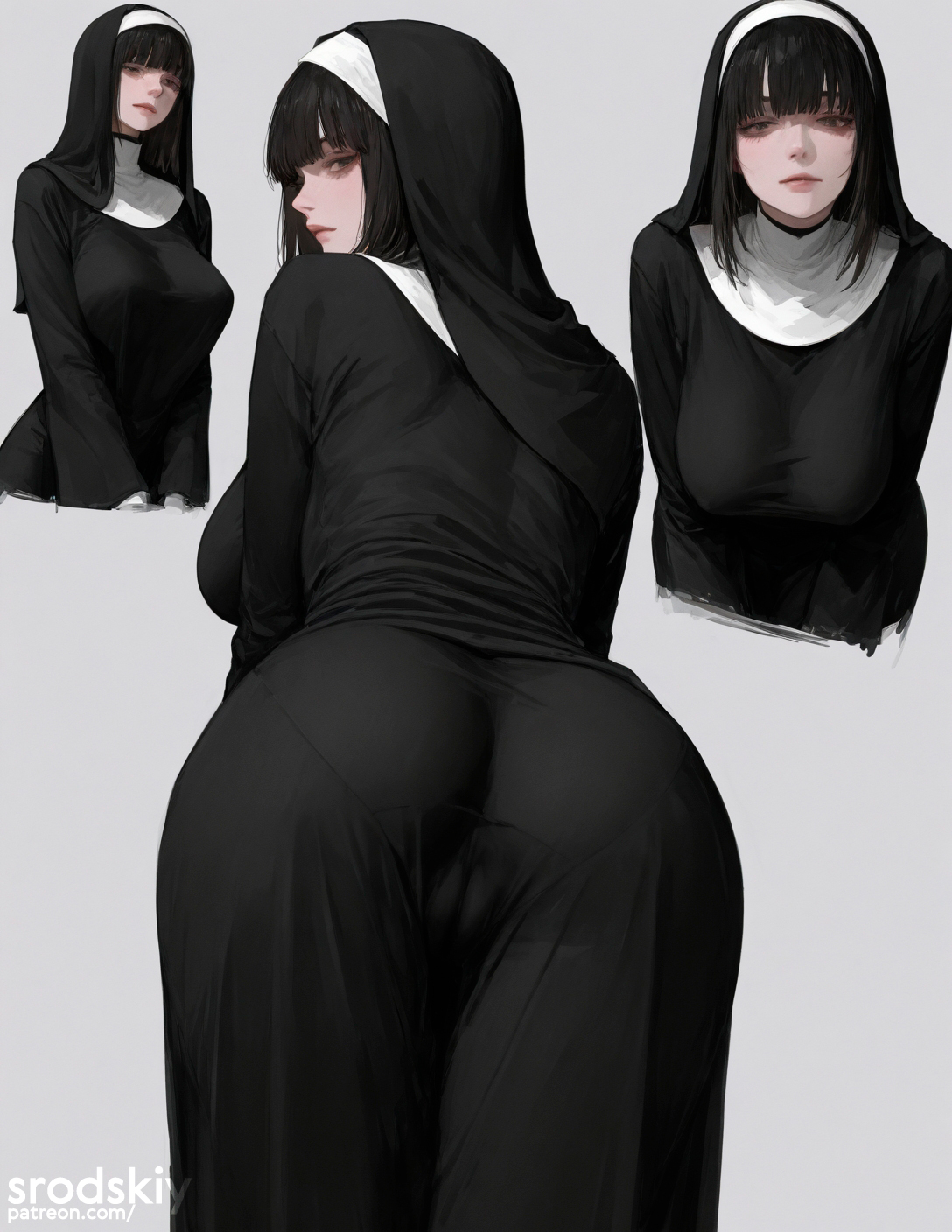 1girls, ai generated, ass, black hair, female, female only, mature female, multiple views, nipples visible through clothing, nun, original character, pussy, pussy visible through clothes, srodskiy, tagme, vulgar