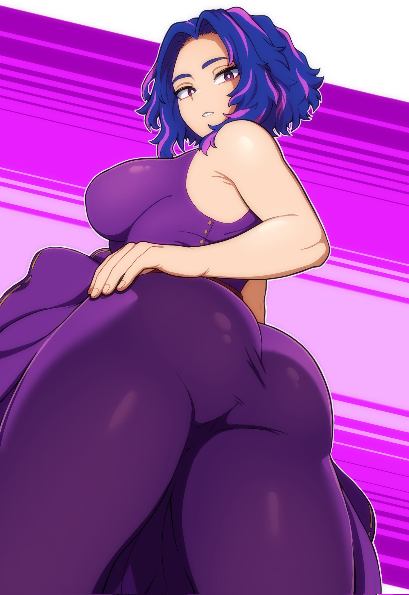 1girls, armpit crease, ass, ass focus, bare shoulders, big ass, big breasts, boku no hero academia, breasts, dress, evoltodraw, female, female only, hand on own hip, highres, lady nagant, large breasts, light skin, light-skinned female, looking at viewer, looking back, multicolored hair, my hero academia, pink hair, purple dress, purple eyes, purple hair, purple-haired female, short hair, sleeveless turtleneck dress, solo, streaked hair, thick thighs, thighs, two-tone hair, wide hips