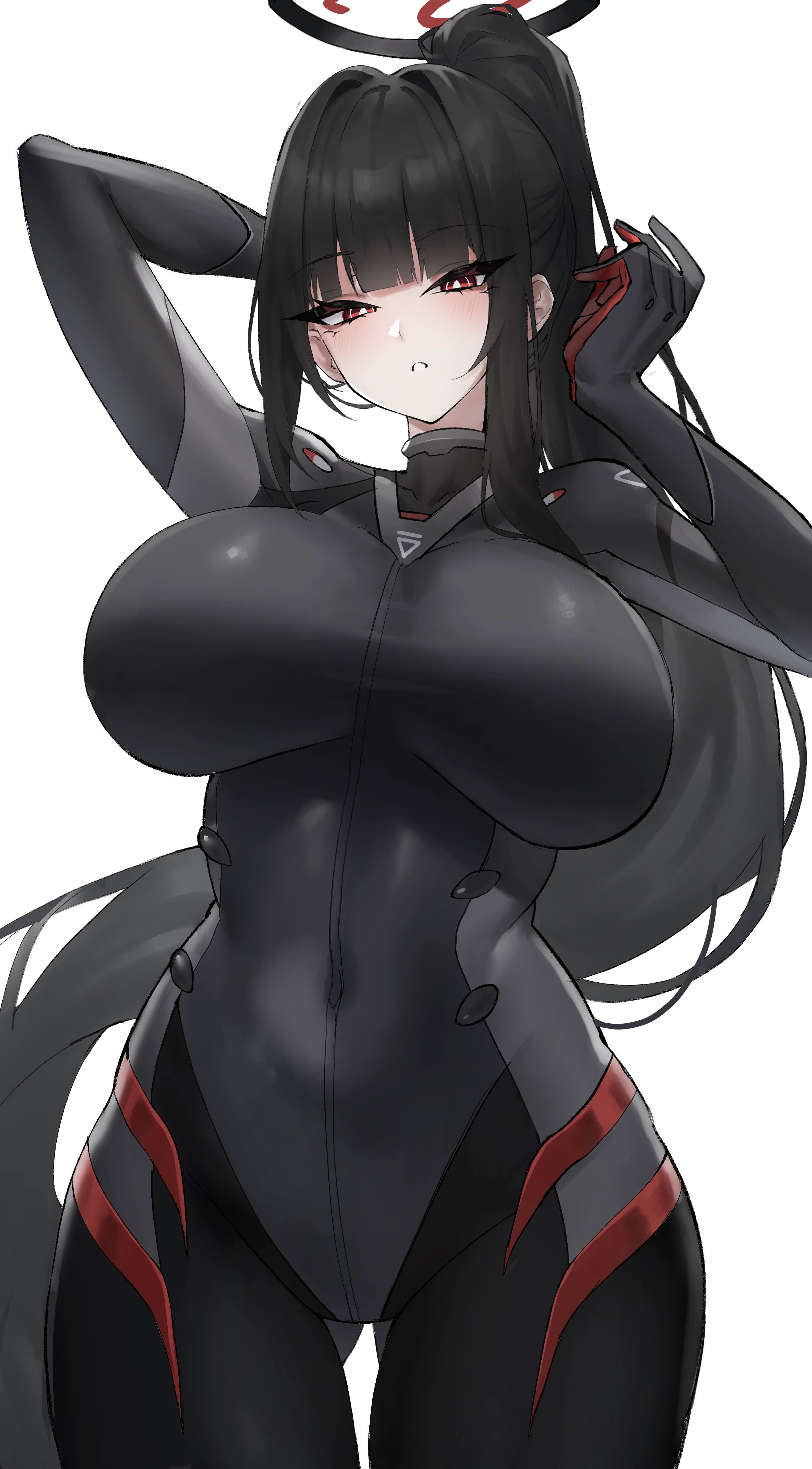 1girls, absurdres, black bodysuit, black hair, black halo, blue archive, bodysuit, breasts, commentary, covered navel, female, female only, first one14, halo, highres, huge breasts, long hair, looking at viewer, official alternate costume, parted lips, red eyes, rio (armed) (blue archive), rio (blue archive), simple background, skin tight, solo, very long hair, white background