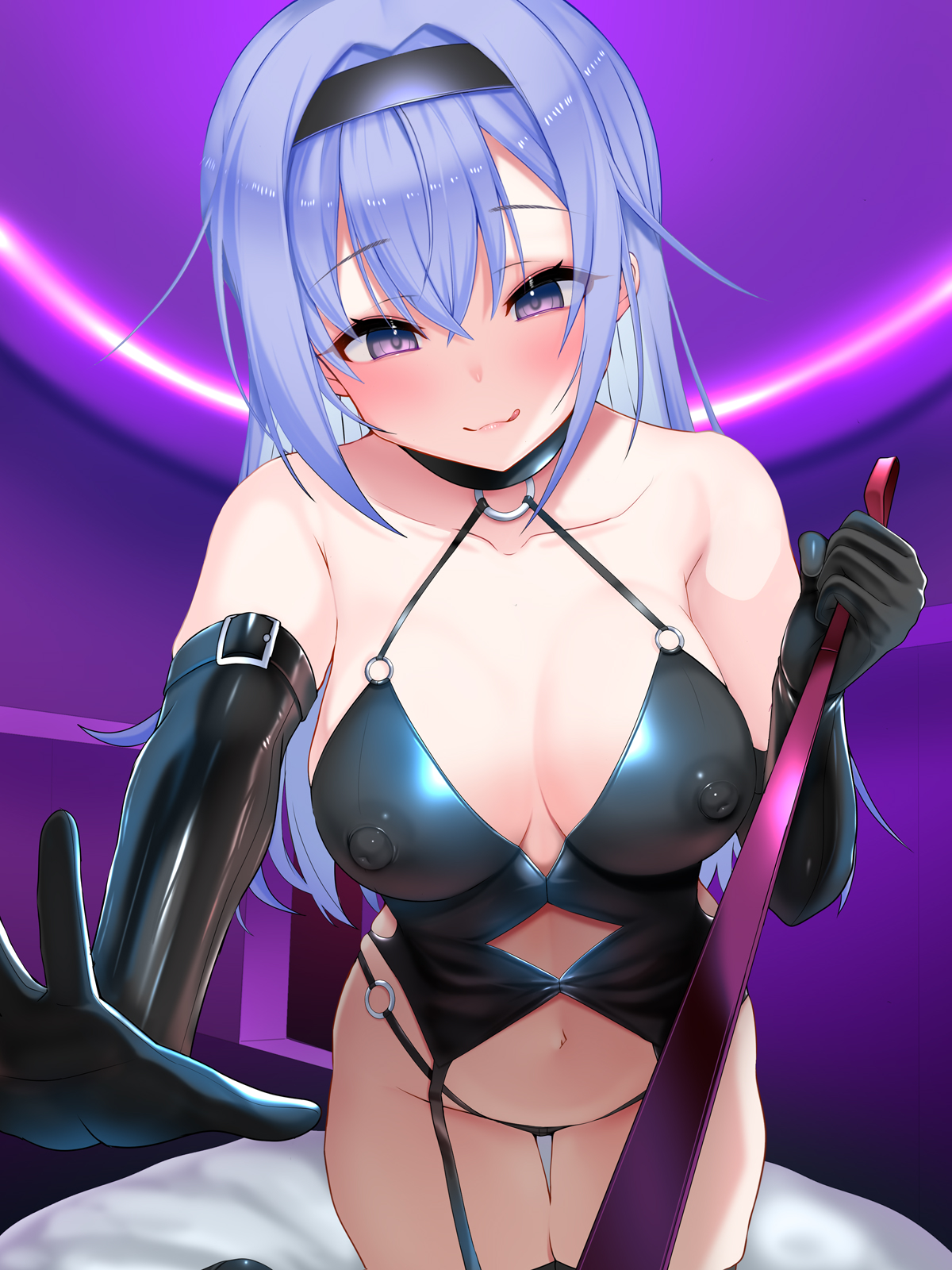1girls, areolae, areolae visible through clothing, belly button, blue eyes, blue hair, blush, breasts, clothed, collarbone, dominant female, dominatrix, female, female focus, femdom, first person view, gloves, hairband, idolmaster, idolmaster shiny colors, latex, latex clothing, leash, leash pull, leashed pov, licking lips, light skin, light-skinned female, long hair, navel, nipples, nipples visible through clothing, okuri banto, pov, revealing clothes, solo, solo focus, submissive pov, suzuki hana, thighs, tongue, tongue out