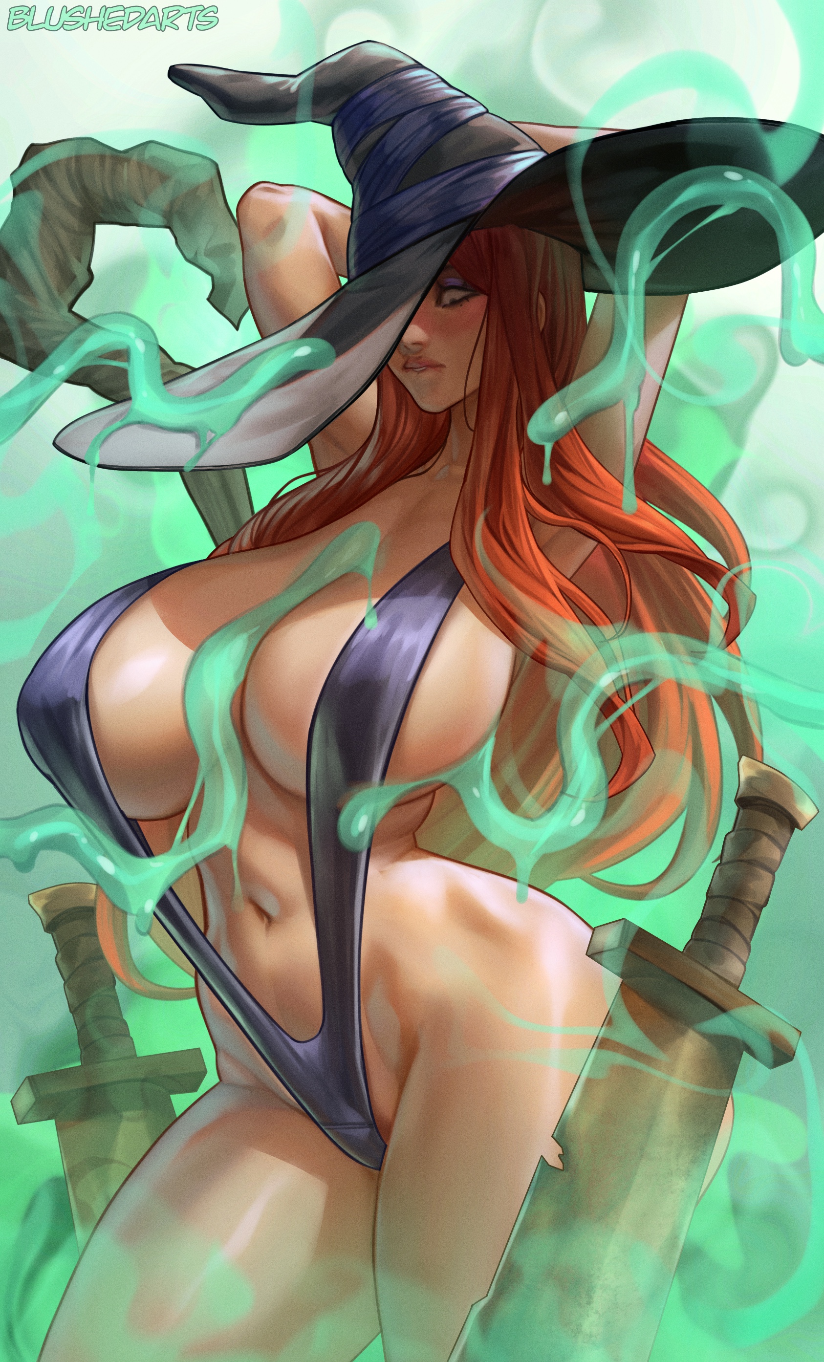 1girls, 2025, arms behind head, big breasts, biting own lip, blush, blushedarts, breasts, dragon's crown, female, female only, goo tentacles, hi res, huge breasts, large breasts, large hat, long hair, looking down, red hair, slingshot swimsuit, solo, sorceress (dragon's crown), tentacle, tentacles, thick thighs, very high resolution, wide hips, witch hat