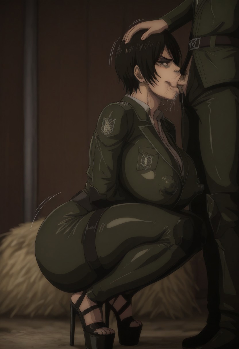 1boy, 1girls, ai generated, attack on titan, bimbo, breasts, fellatio, female, hand on head, high heels, huge breasts, male, mikasa ackerman, platform heels, squatting, thick thighs, venus body