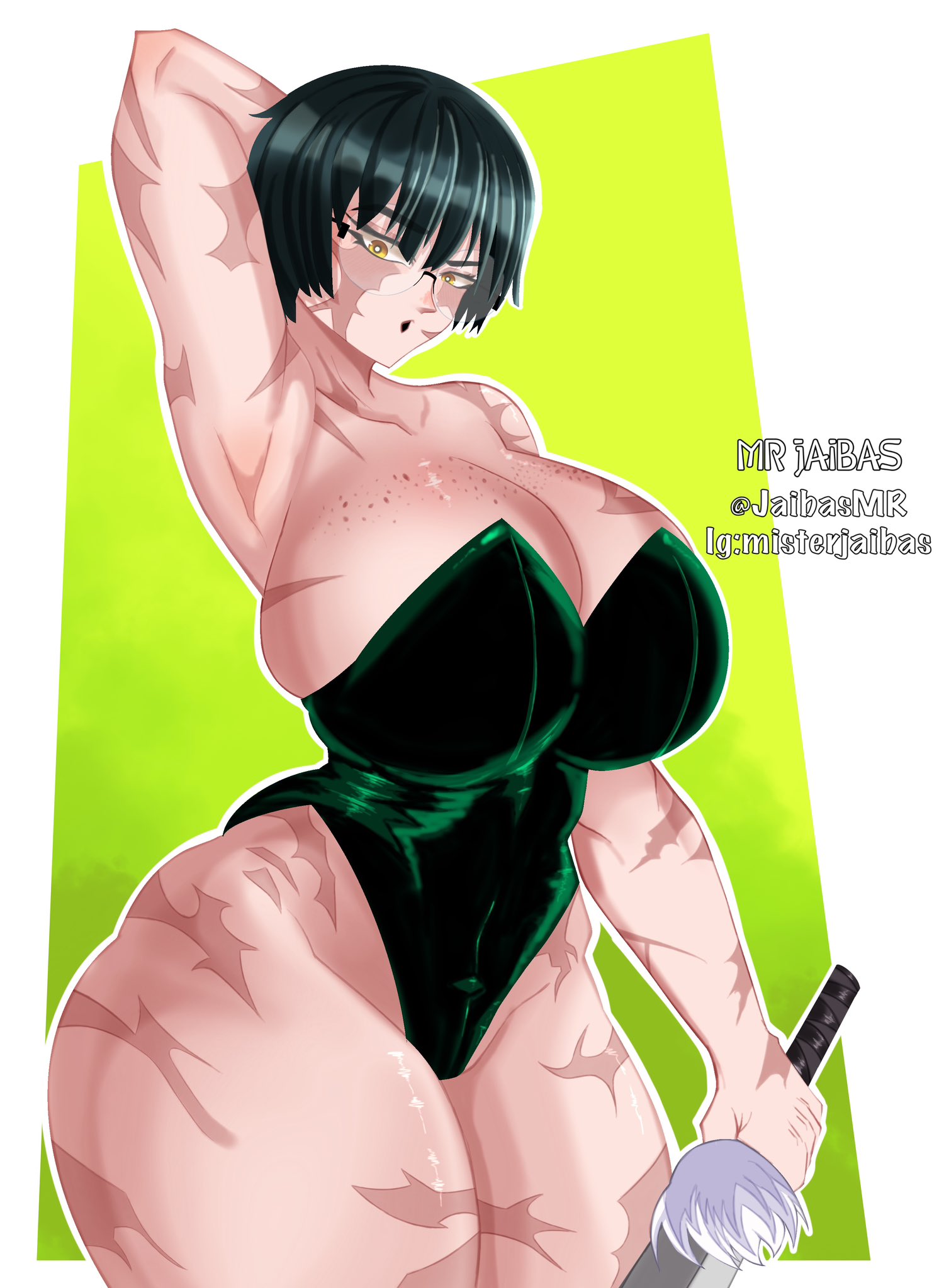 armpit, armpits, bad anatomy, big breasts, big thighs, big titties, black hair, breasts, clothing, curvaceous, curvaceous female, curvaceous figure, curvy, curvy figure, curvy hips, dominatrix, female, female focus, female only, glasses, jujutsu kaisen, looking at viewer, maki zenin, mr jaibas, scars, short hair, simple drawing, thick thighs, thigh highs, zenin maki