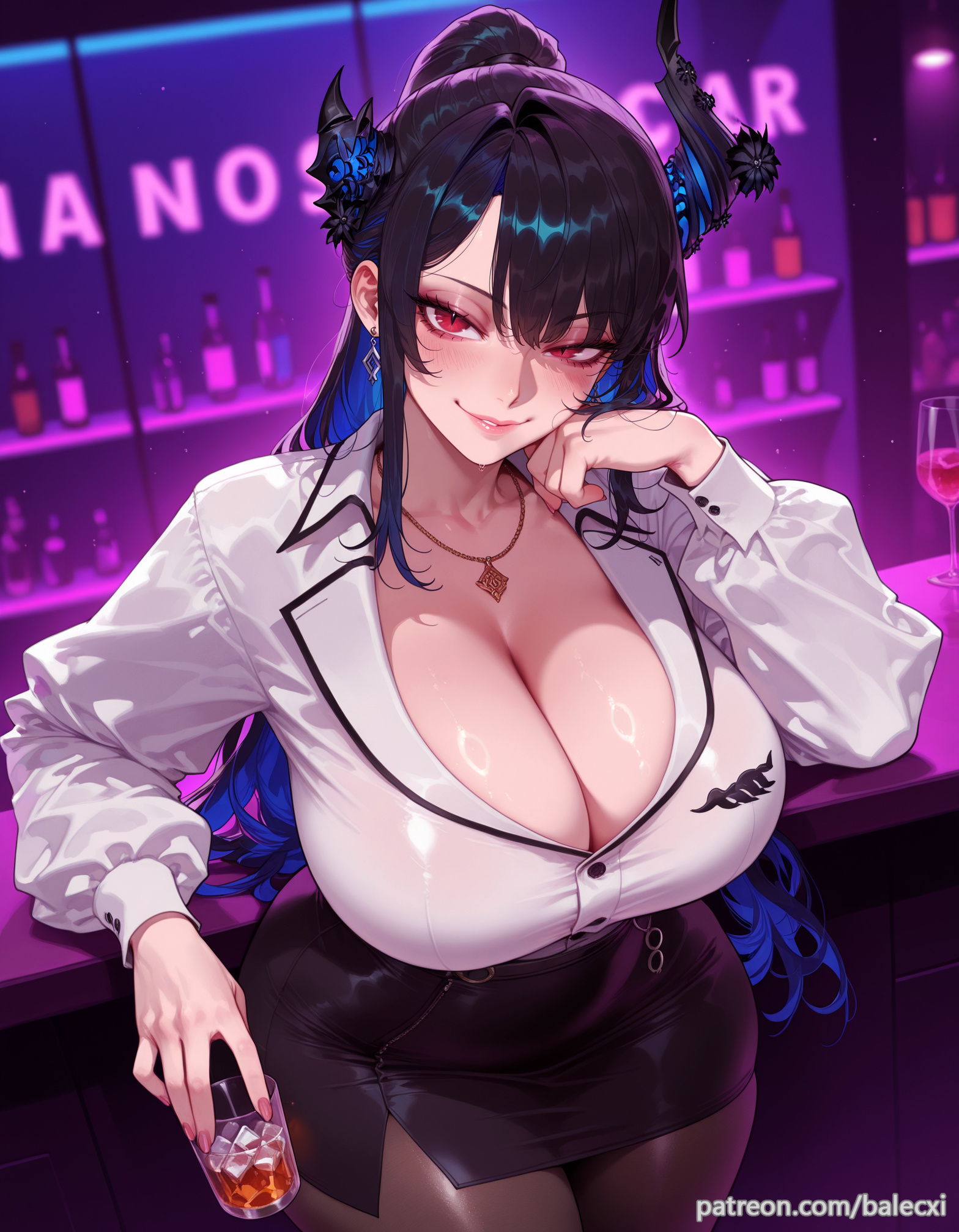 1girls, ai generated, balecxi, black hair, black skirt, blue hair, breasts, cleavage, colored inner hair, cup, demon horns, drinking glass, female, hololive, hololive english, hololive english -advent-, huge breasts, jewelry, long hair, looking at viewer, mole, mole under eye, necklace, nerissa ravencroft, office lady, pantyhose, pencil skirt, ponytail, red eyes, skirt, smile, solo, virtual youtuber, white shirt