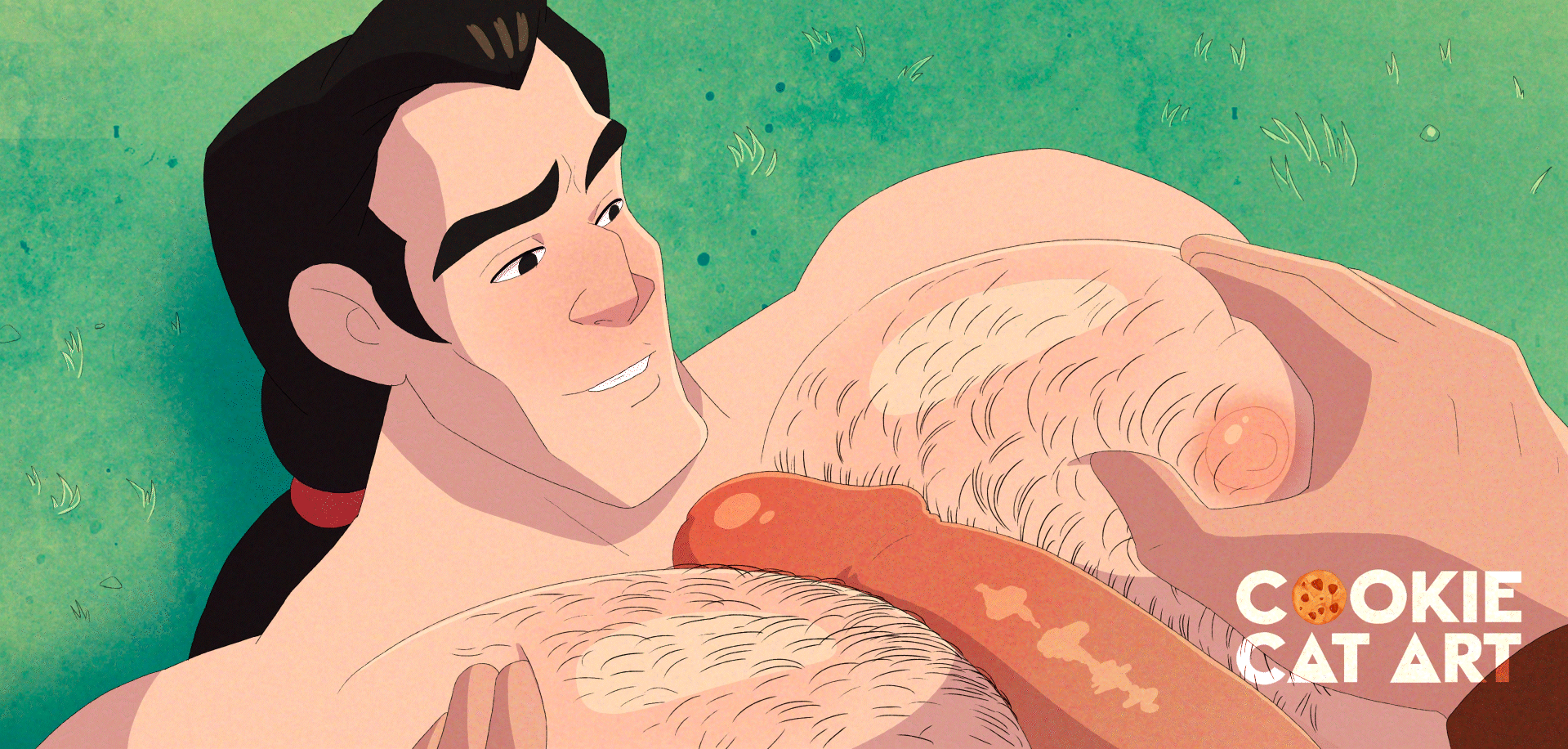animated, arm hair, ass, ass focus, ass hair, ass up, beauty and the beast (1991 film), big muscles, big pecs, black hair, blue eyes, blush, chest hair, cookiecatart, crossover, disney, gaston, gay, gid, hairy, hairy ass, hairy chest, hairy pecs, hercules (disney), laying down, laying on bed, male, male only, muscles, muscular, naked, over shoulder, pecjob, pecs, shirtless, smirk, tight clothing