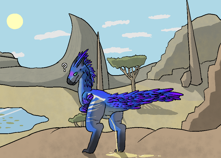 aliasing ambiguous_gender biped bipedal_feral blue_body bodily_fluids capcom countershading digital_media_(artwork) dinosaur feathers feral fogspot genital_fluids green_eyes horn looking_back monster_hunter peeing prehistoric_species purple_body purple_feathers question_mark reptile scalie seikret solo standing urine urine_pool