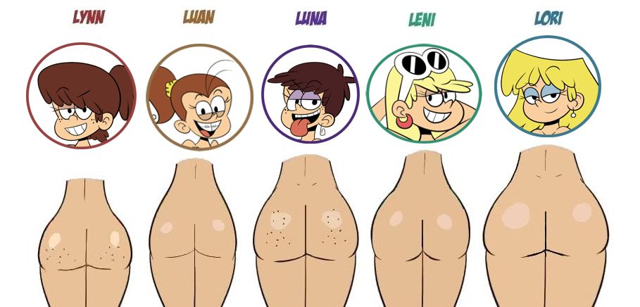 ass, big ass, blonde hair, buckteeth, edit, female, freckles on ass, glasses on head, huge ass, in a row, leni loud, lori loud, luan loud, luna loud, lynn loud, multiple females, multiple girls, ponytail, scobionicle99, short hair, sisters, size difference, the loud house, tongue, tongue out, white background